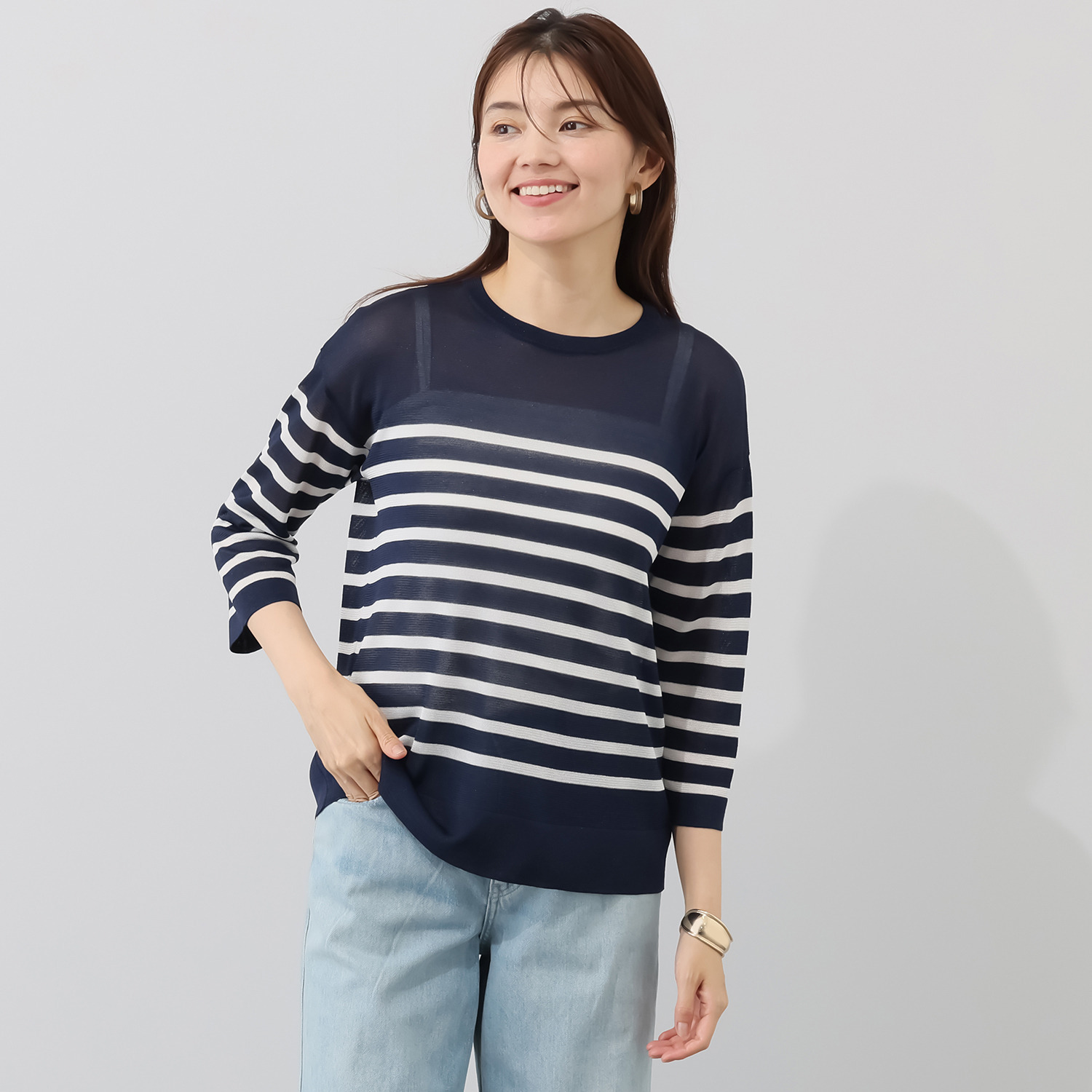 アンリック　オー　ブルー 接触冷感 シアーラメニット 上品大人見え ボーダープルオーバー