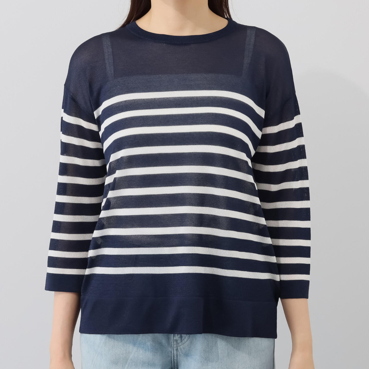 アンリック　オー　ブルー 接触冷感 シアーラメニット 上品大人見え ボーダープルオーバー