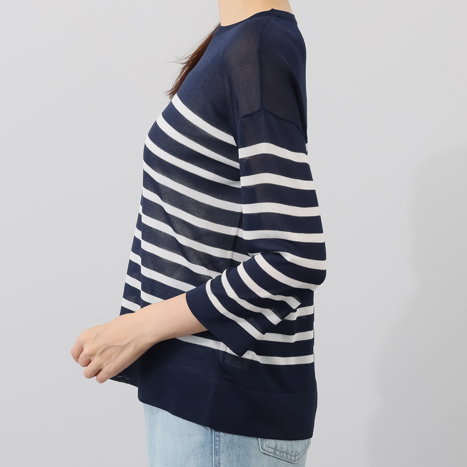 アンリック　オー　ブルー 接触冷感 シアーラメニット 上品大人見え ボーダープルオーバー