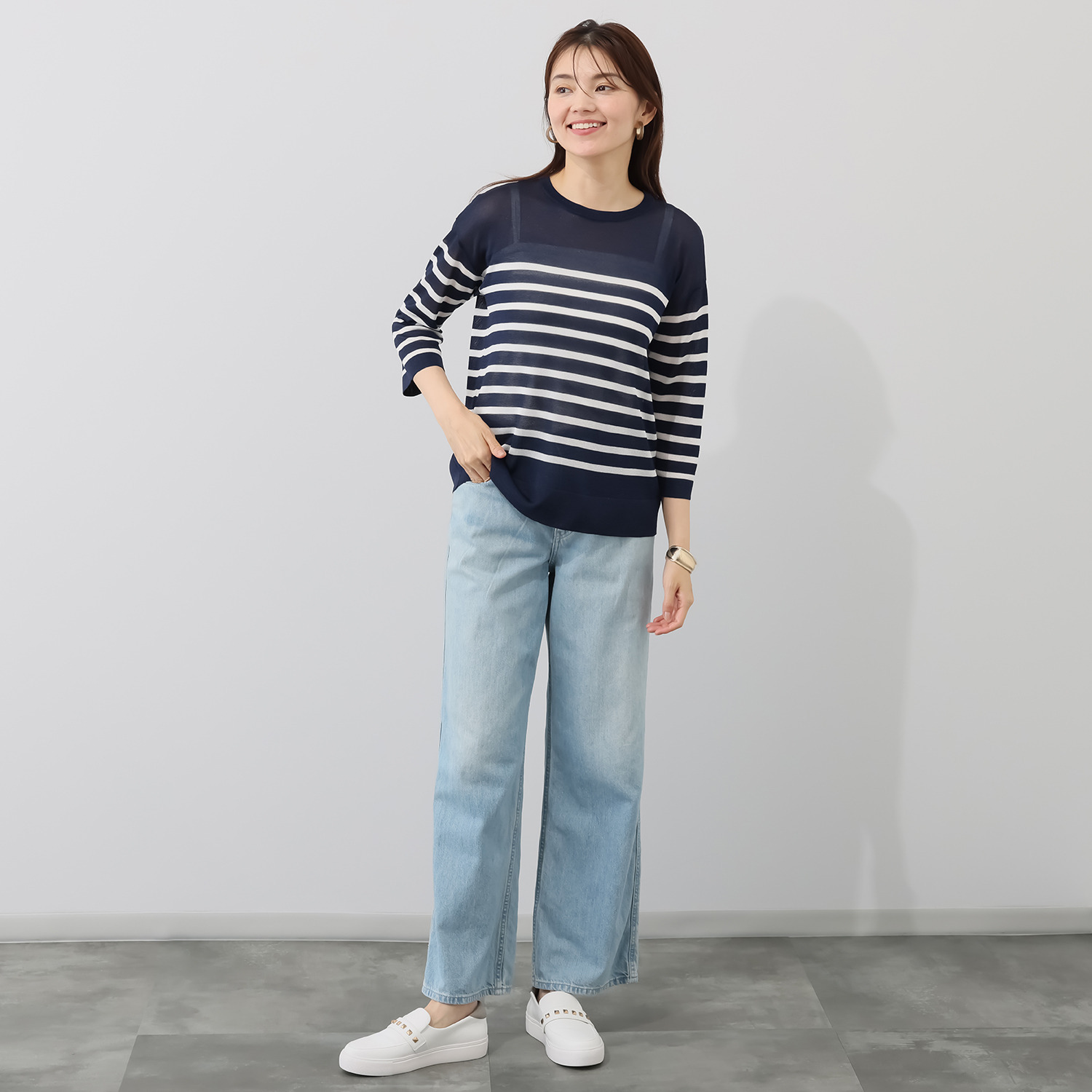 アンリック　オー　ブルー 接触冷感 シアーラメニット 上品大人見え ボーダープルオーバー