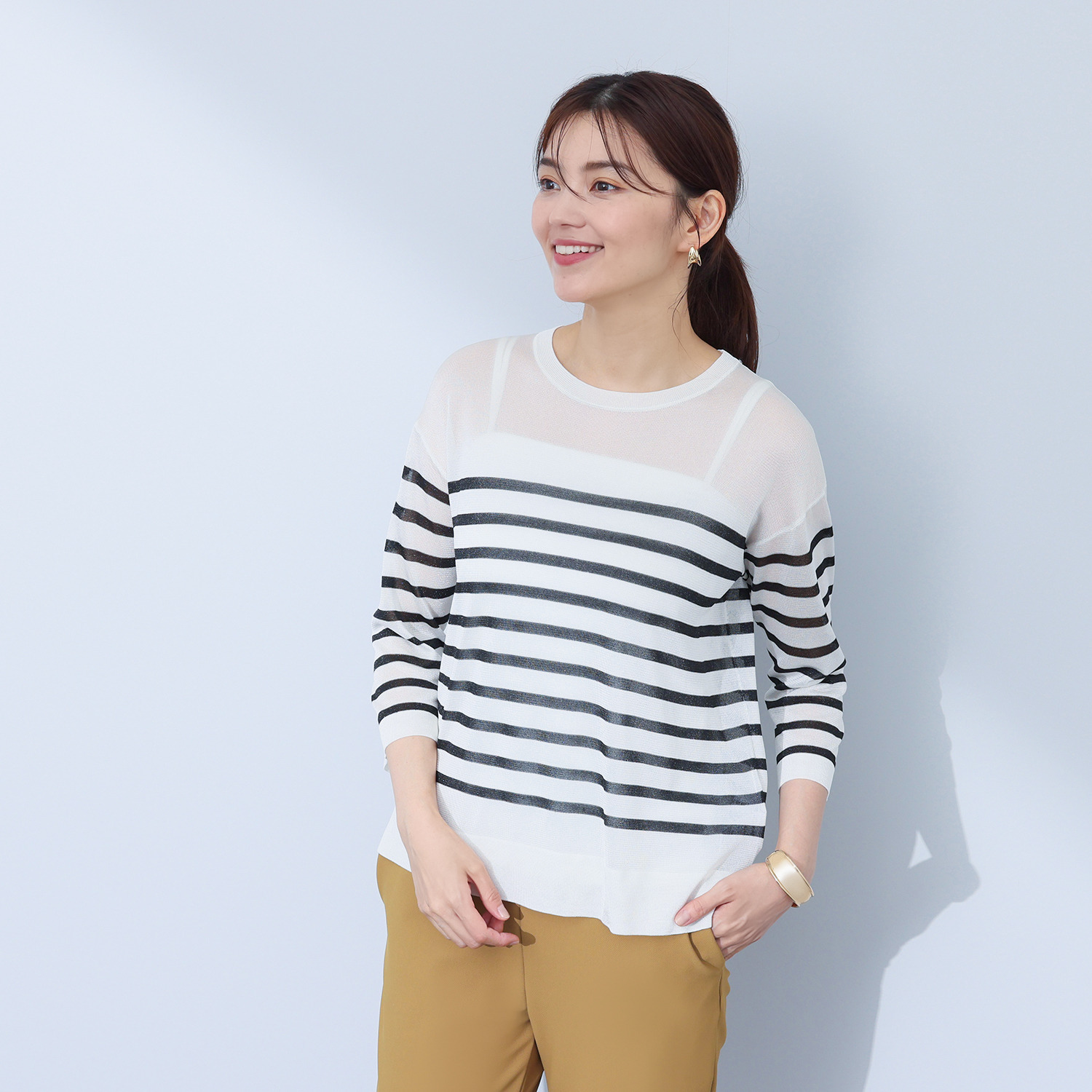 アンリック　オー　ブルー 接触冷感 シアーラメニット 上品大人見え ボーダープルオーバー