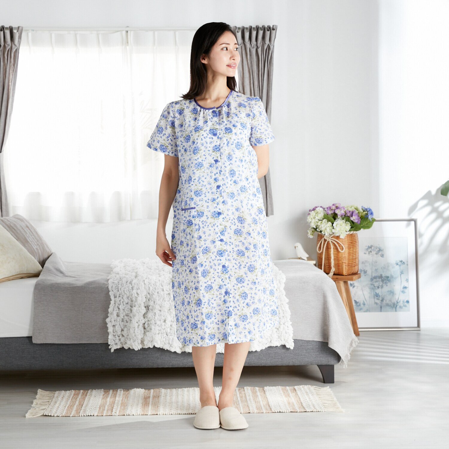 ＷＩＮＤ ローンリップル アジサイ柄 ワンピース