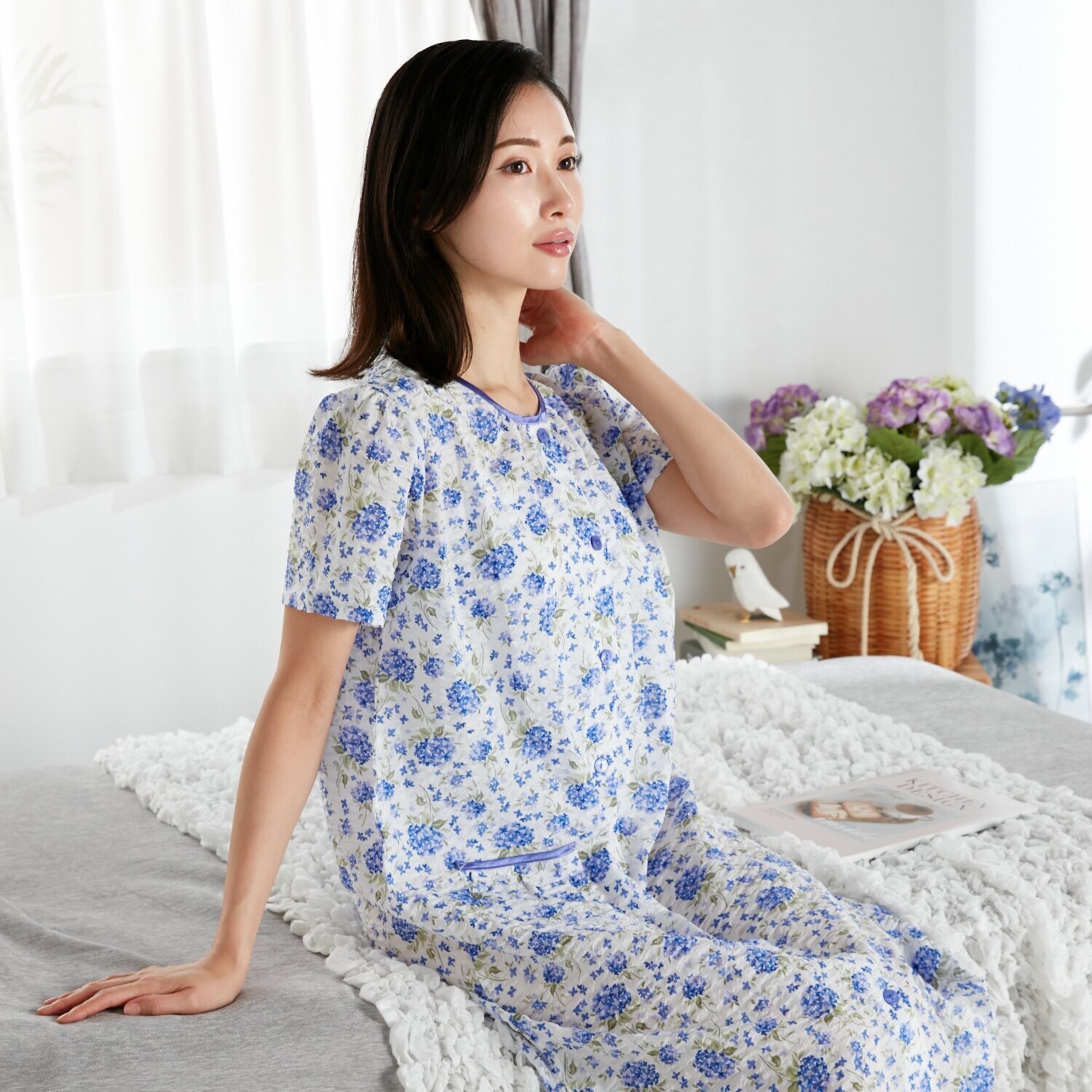 ＷＩＮＤ ローンリップル アジサイ柄 ワンピース