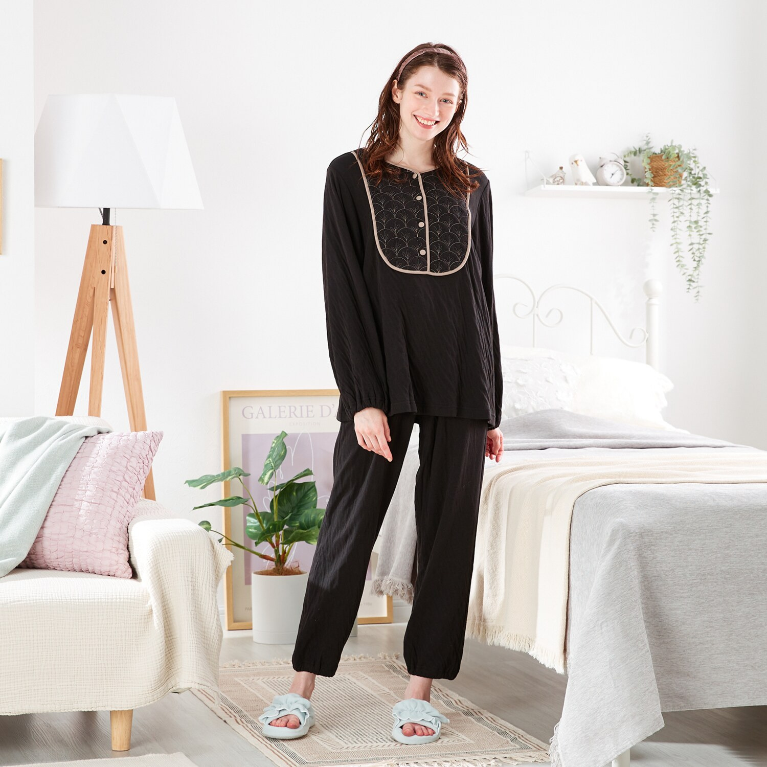 ナルエー 綿１００％接結 リーフキルト ルームウェア上下セット