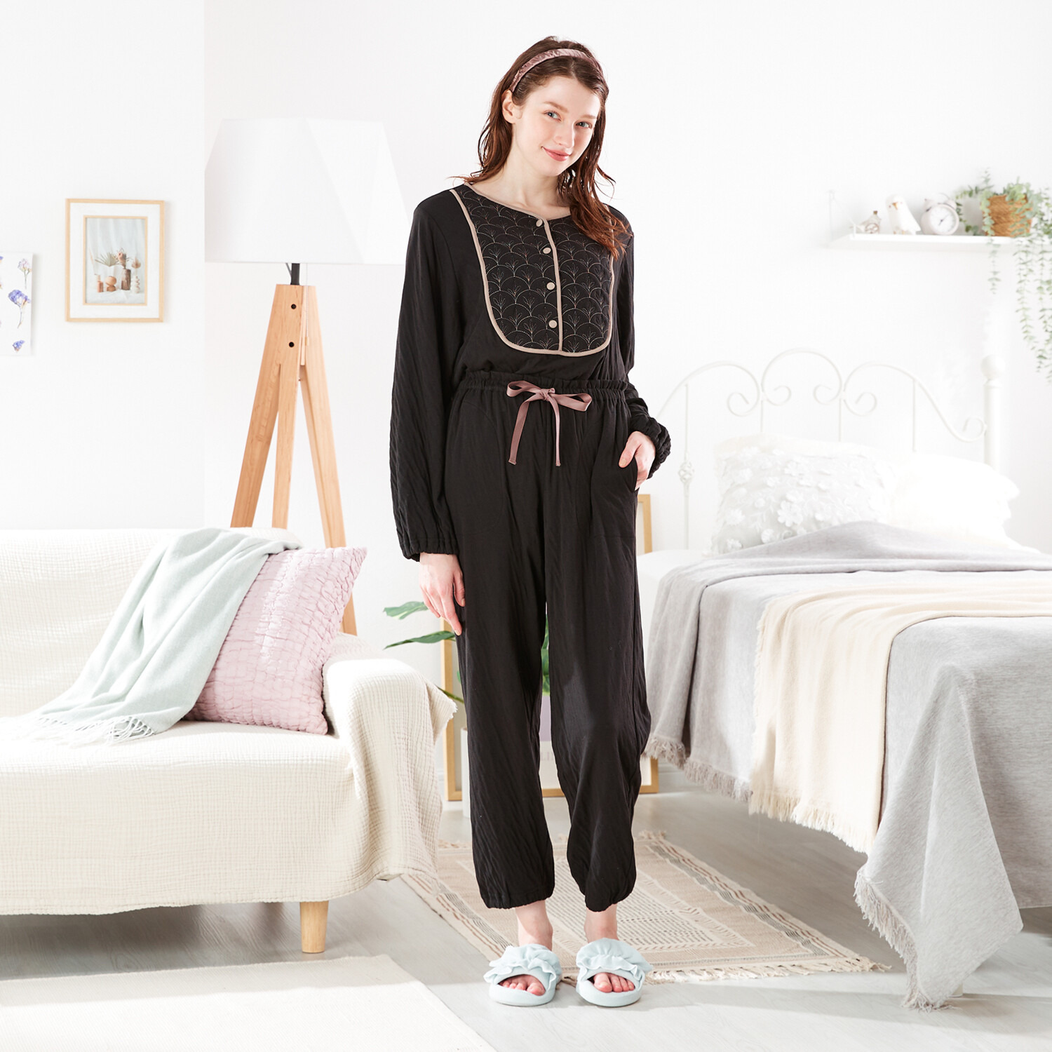 ナルエー 綿１００％接結 リーフキルト ルームウェア上下セット