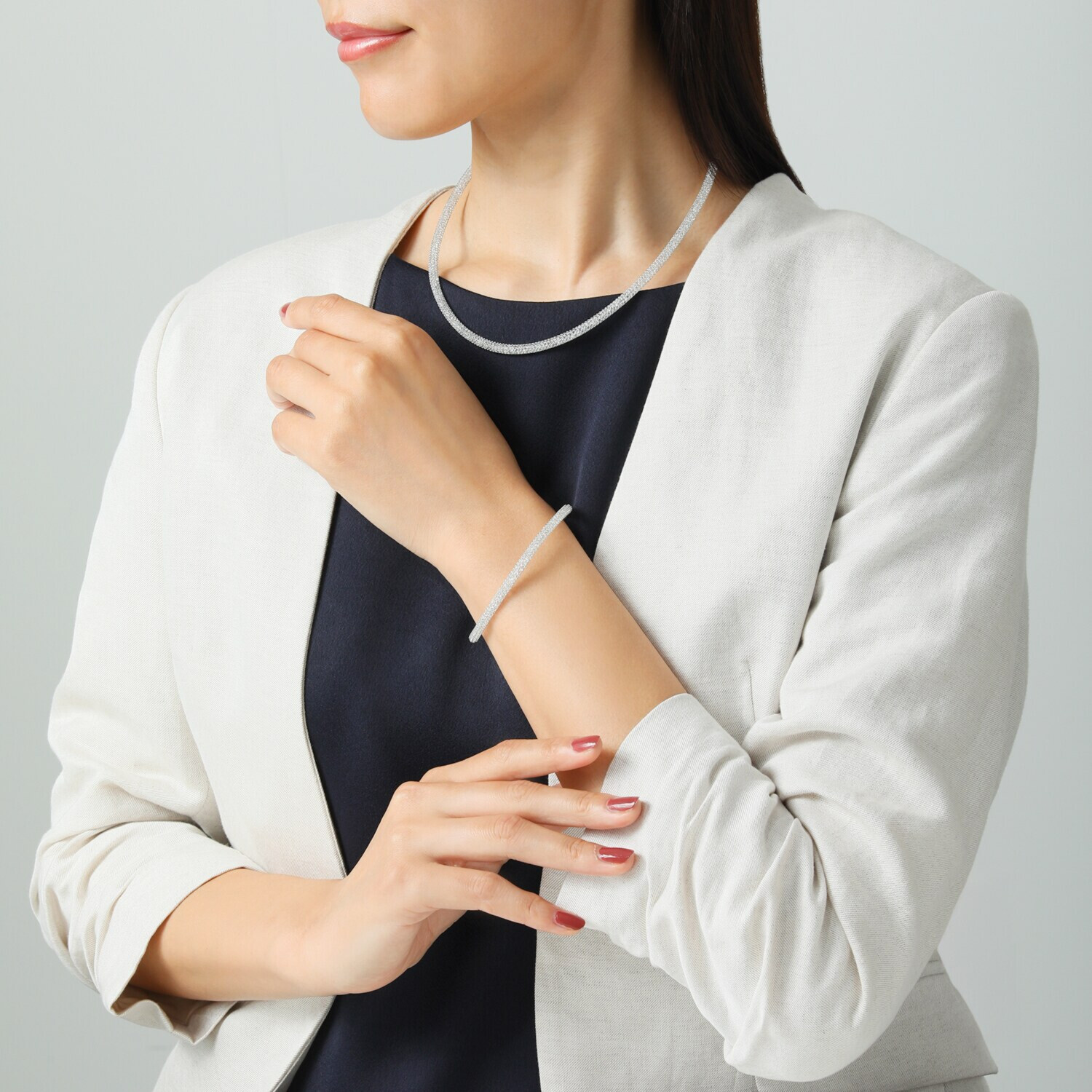 エービーステン ステンレス キラキラビジュウ入り メッシュネックレス＆ ブレスレットセット