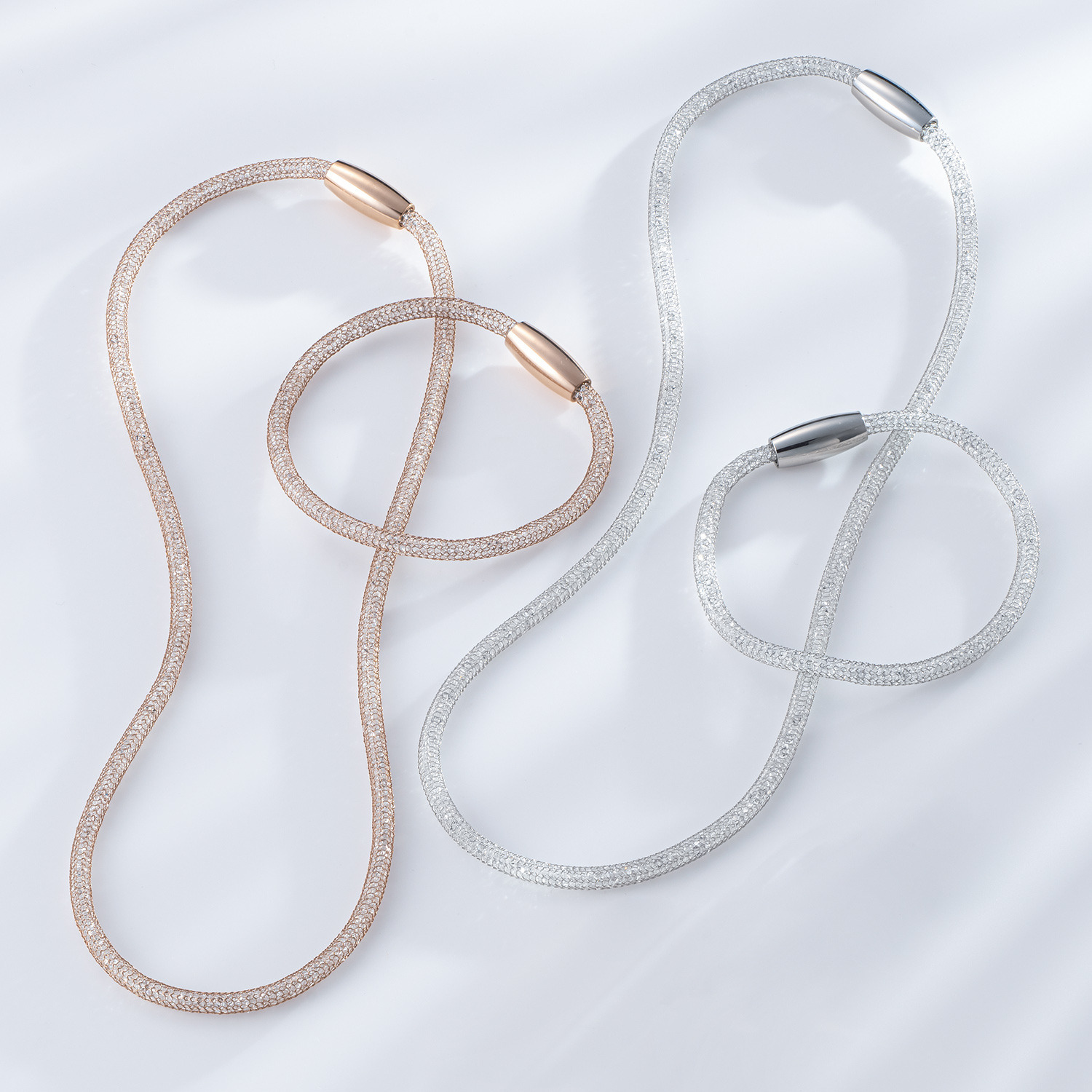 エービーステン ステンレス キラキラビジュウ入り メッシュネックレス＆ ブレスレットセット