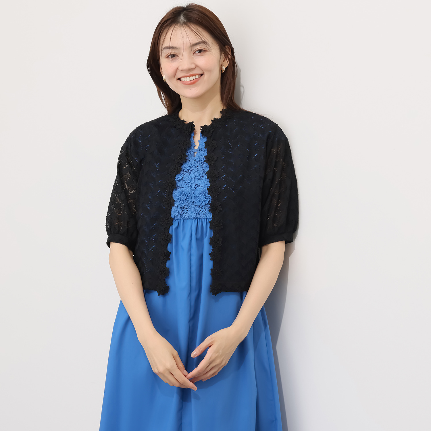 エスポア リーフ＆幾何模様 立体レーストリミング ニットボレロ