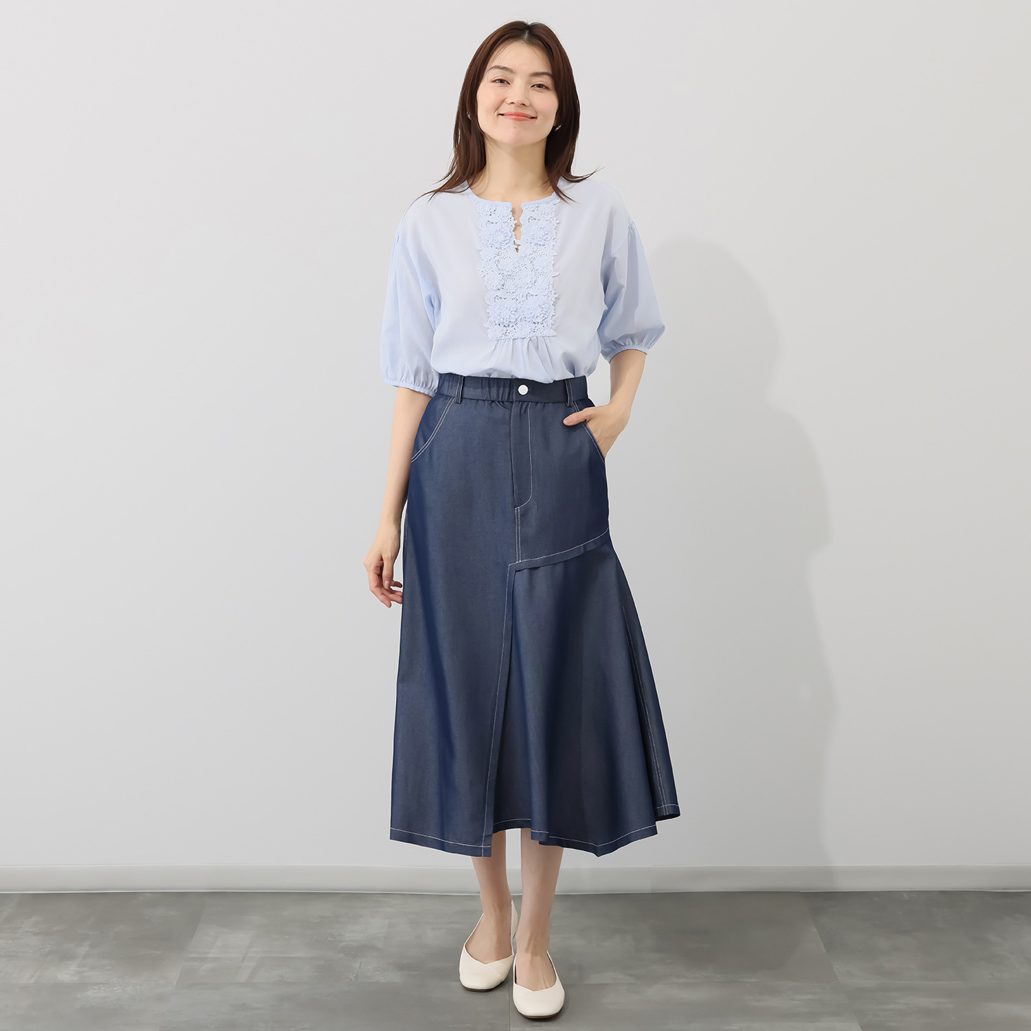 エスポア ダンガリー アシンメトリーデザイン フレアースカート