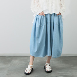 ベルデニム ウォッシュ加工入り ストレッチデニム使用 ワイドシルエット デザインキュロットパンツ