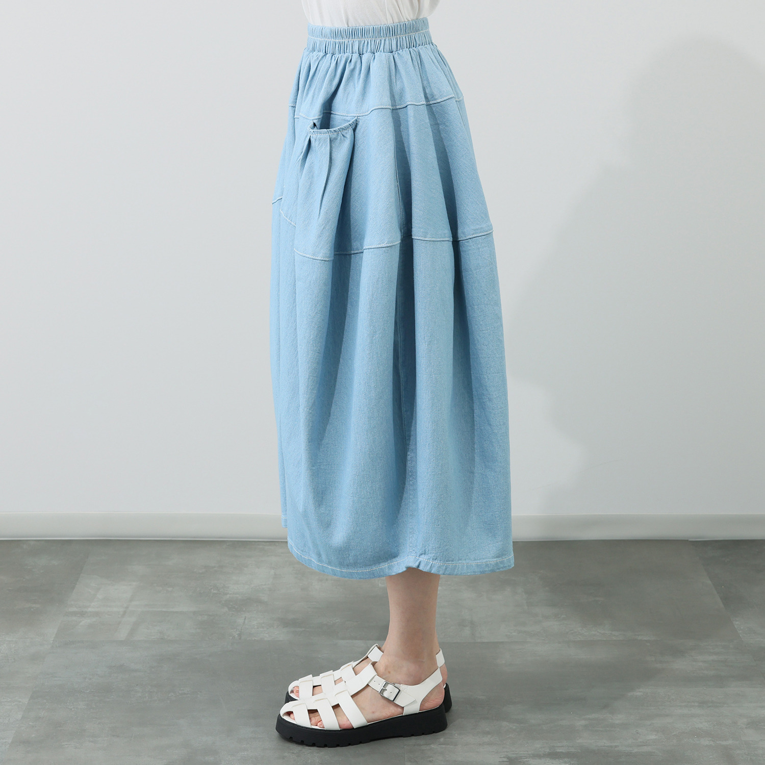 ベルデニム ウォッシュ加工入り ストレッチデニム使用 ワイドシルエット デザインキュロットパンツ