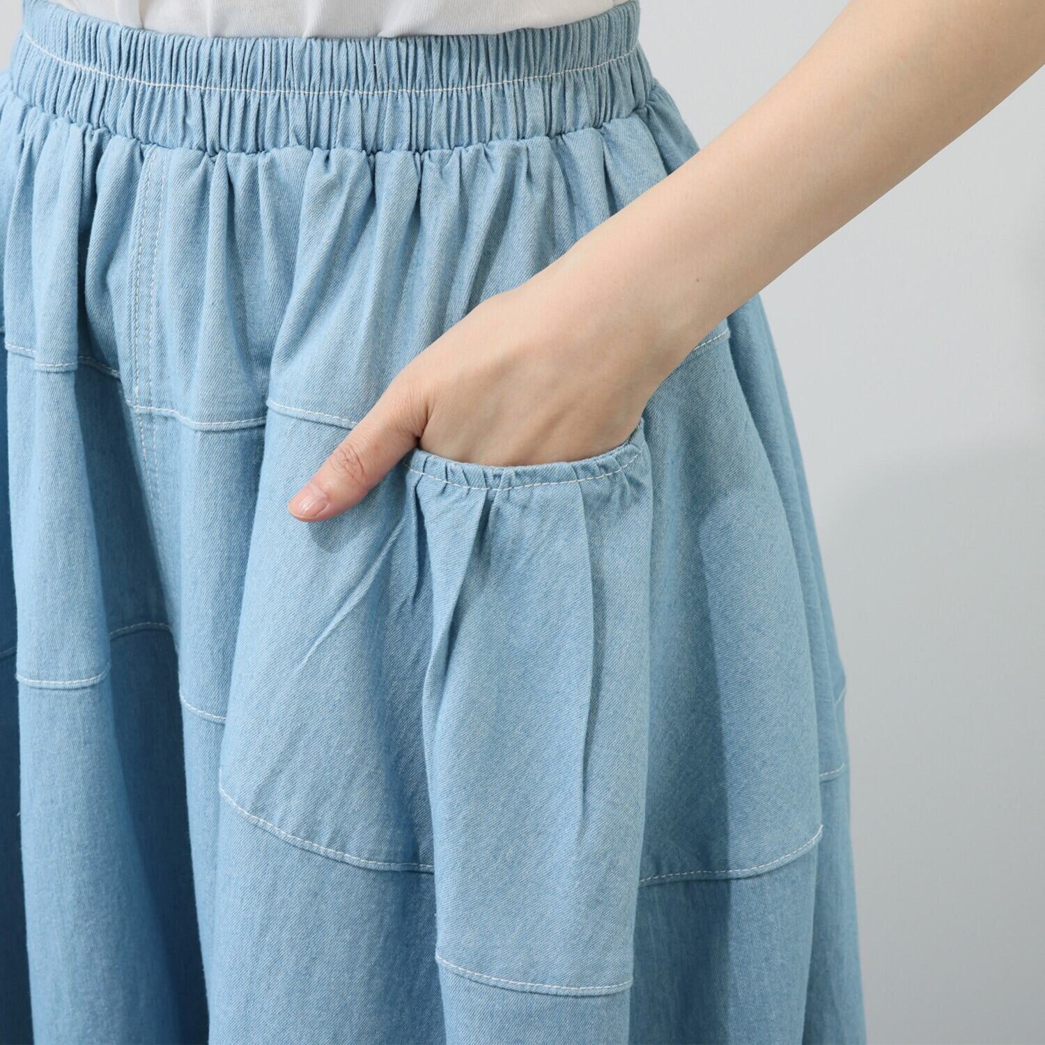 ベルデニム ウォッシュ加工入り ストレッチデニム使用 ワイドシルエット デザインキュロットパンツ