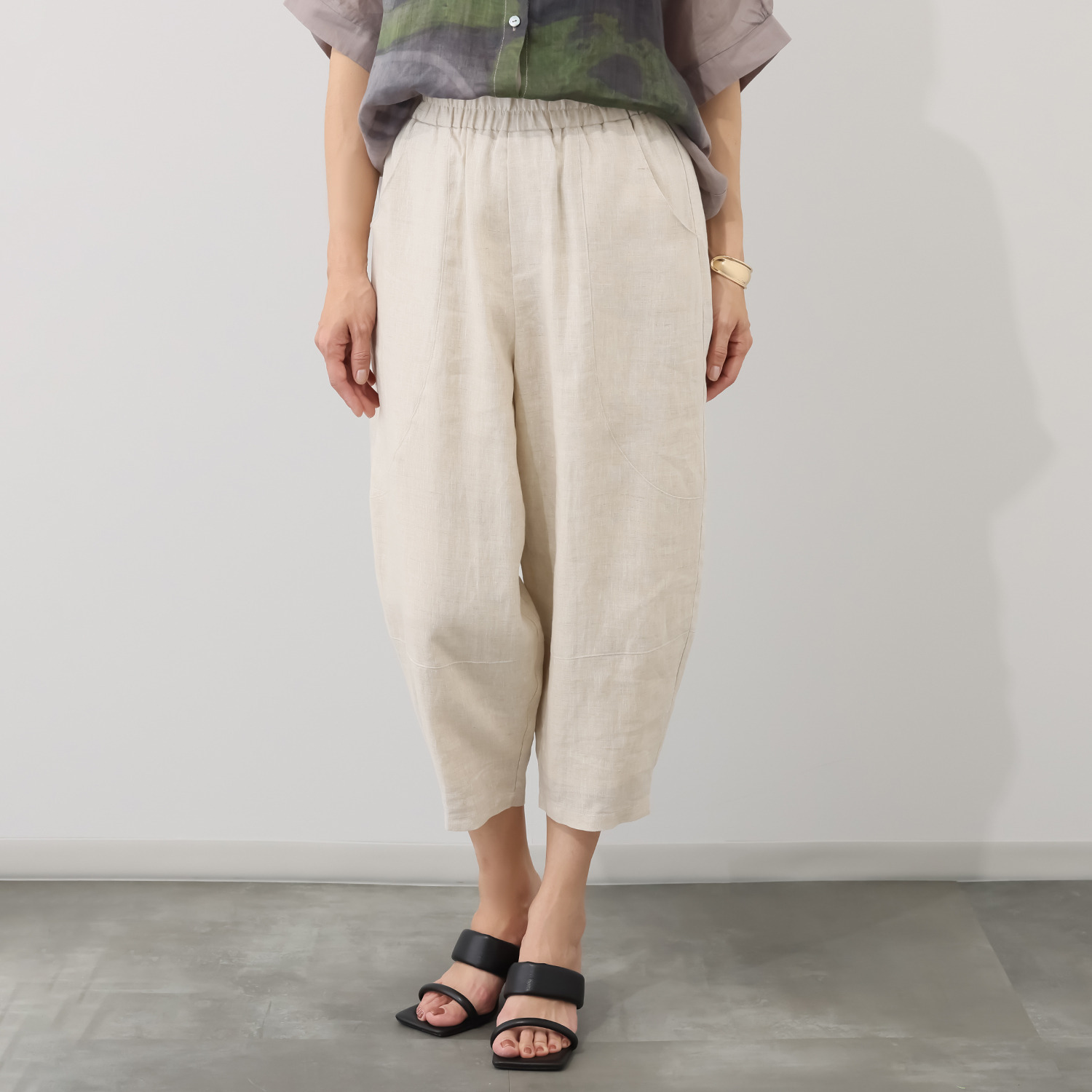 ヨシヨシ バイ　ピージェイ ウォッシャブル麻素材 リラックスフィット デザインワイドパンツ