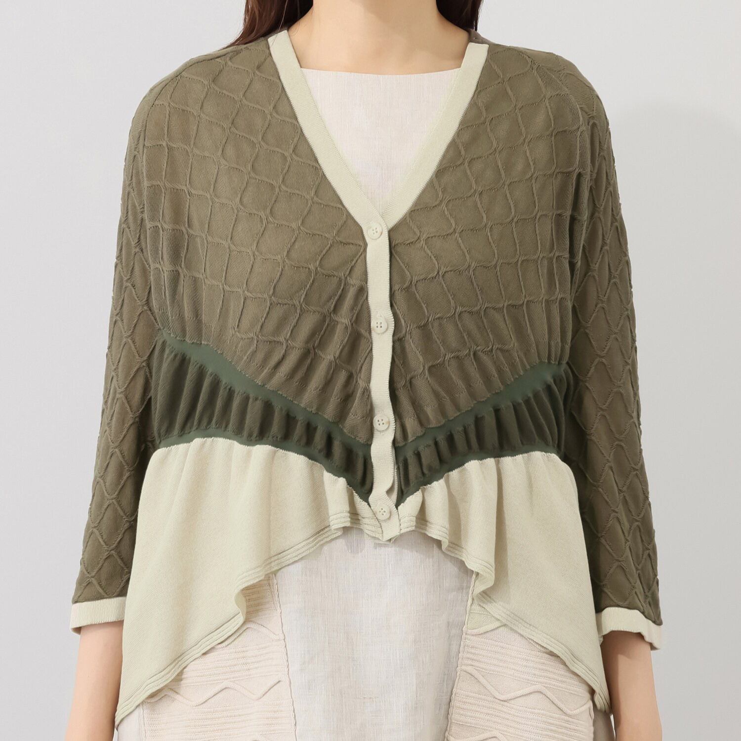 ヨシヨシ バイ　ピージェイ インターシャ編 オリジナルニット Ｖネック デザインカーディガン