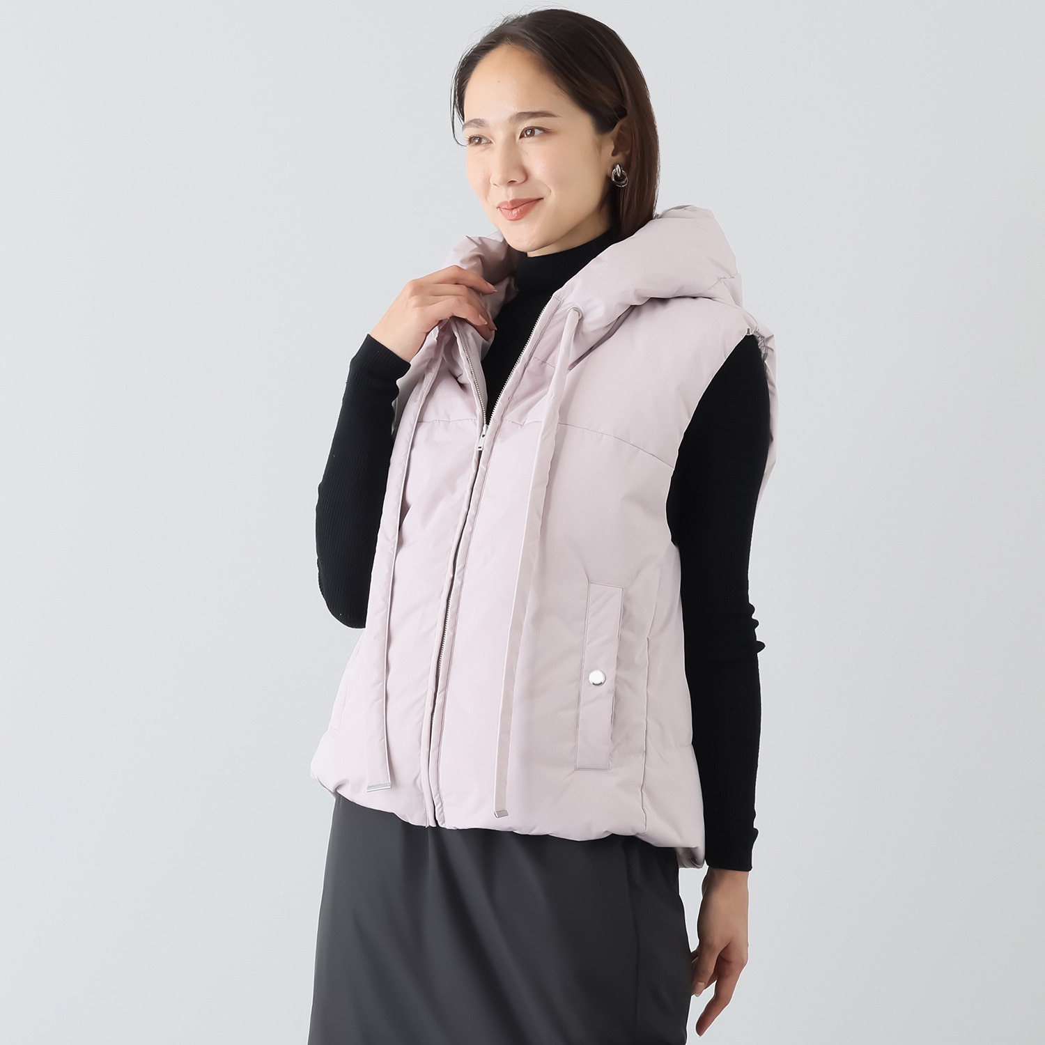 スタイルフライ ロングドロストフード付 裾アレンジ ダウンベスト