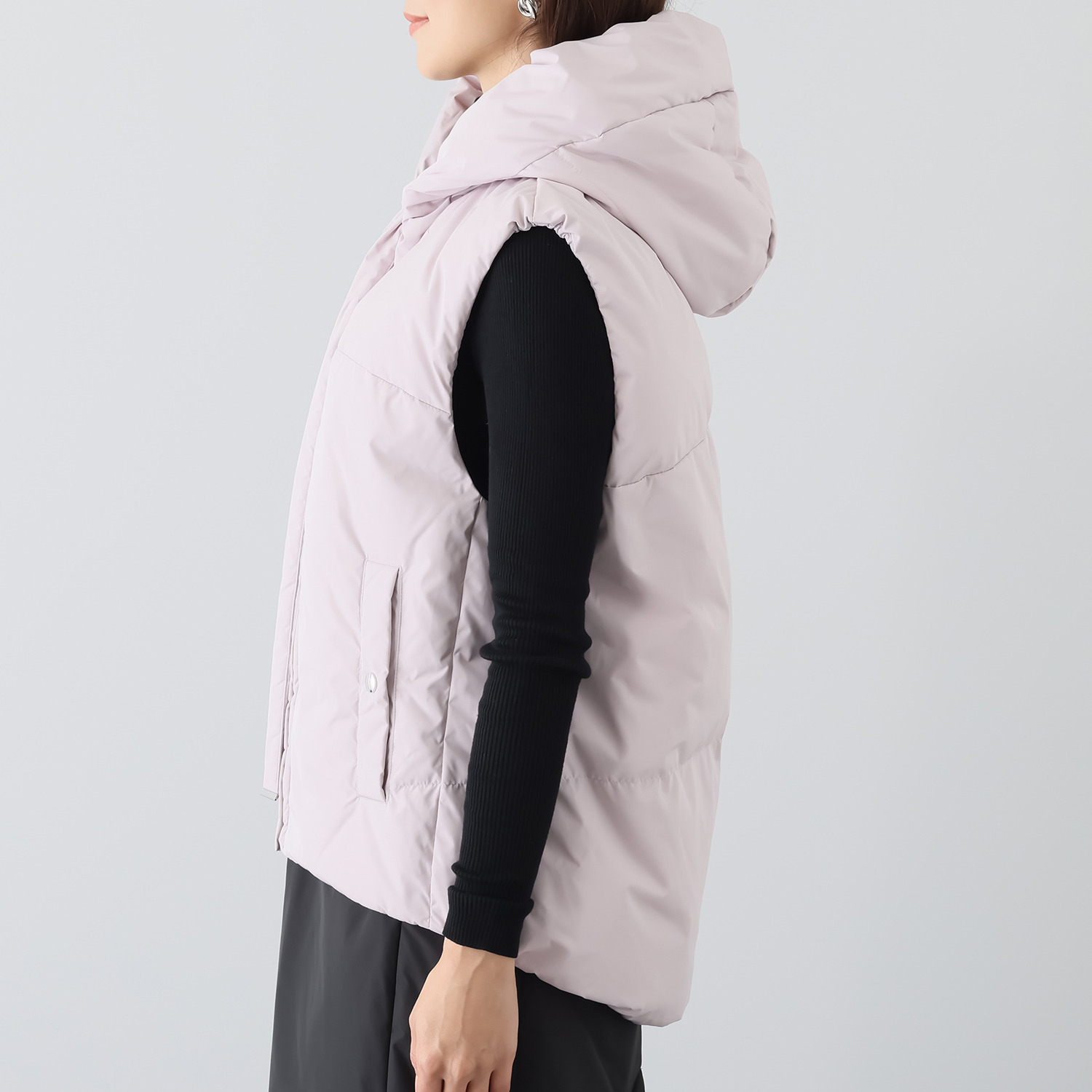 スタイルフライ ロングドロストフード付 裾アレンジ ダウンベスト