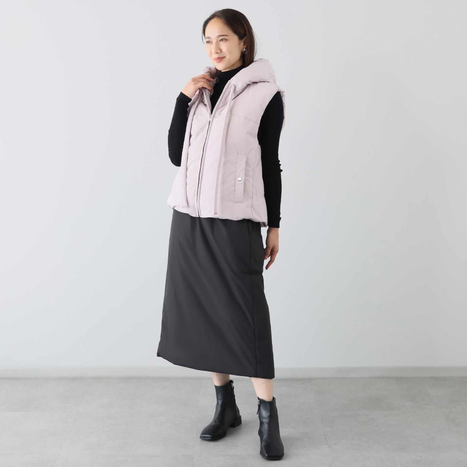 スタイルフライ ロングドロストフード付 裾アレンジ ダウンベスト