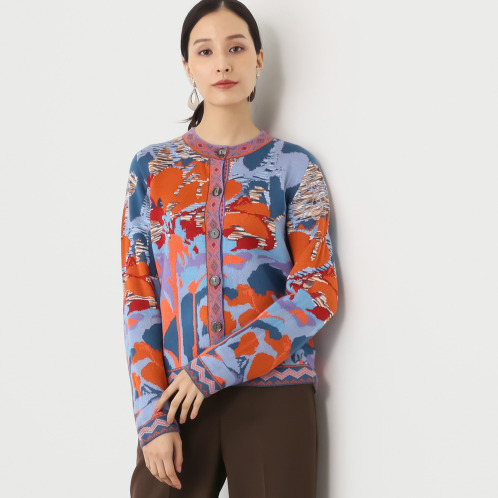 ポピーレッド　ダブルジャガード　ニットカーディガン　"ジャルダン　　デュ　ポピー"