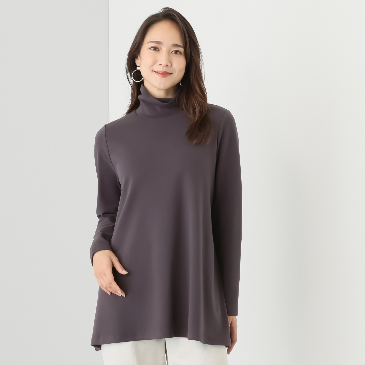 メリオン もっちり至高の着心地 スーピマコットン混 Ａラインシルエット ハイネックプルオーバー