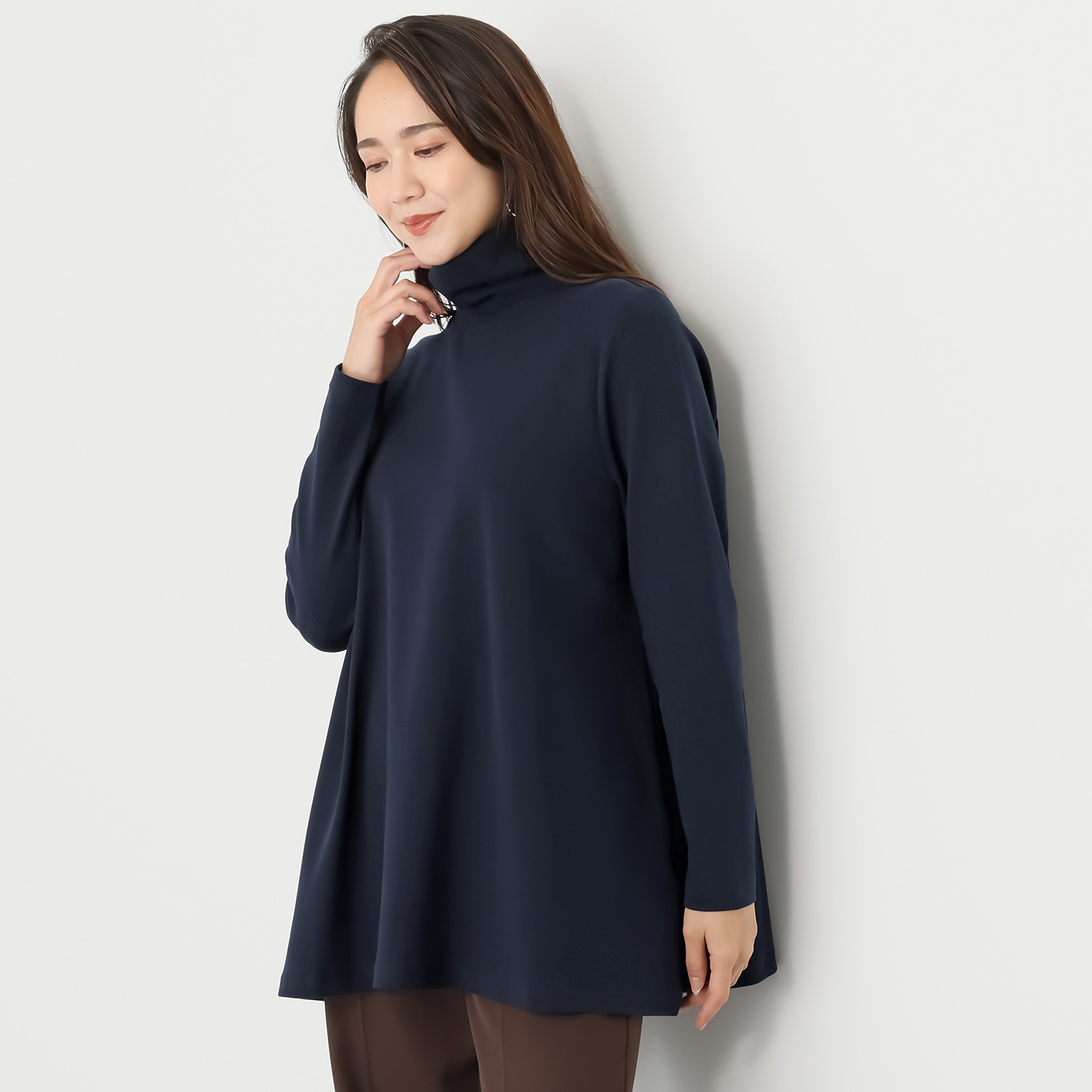 メリオン もっちり至高の着心地 スーピマコットン混 Ａラインシルエット ハイネックプルオーバー