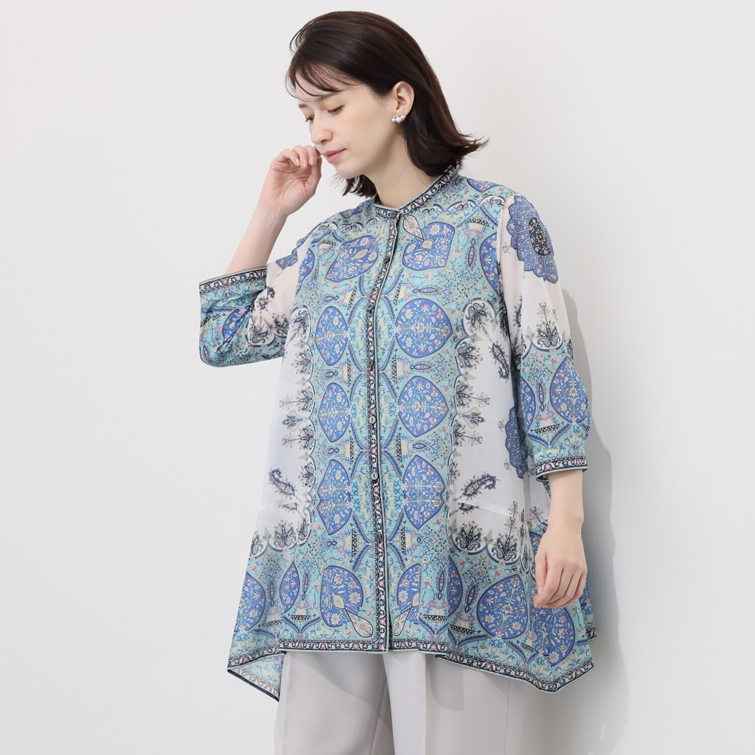 シルクロードクラブ カシミール柄 イレギュラーヘム スタンドカラー 七分袖チュニック