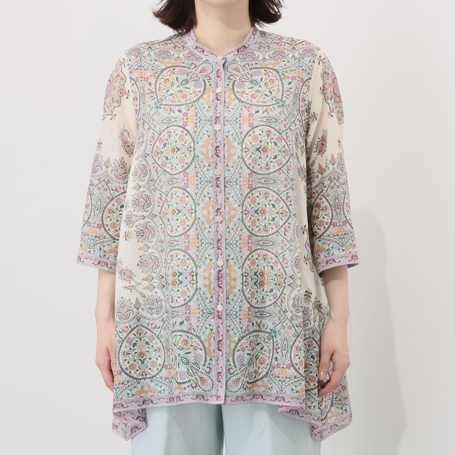 シルクロードクラブ カシミール柄 イレギュラーヘム スタンドカラー 七分袖チュニック