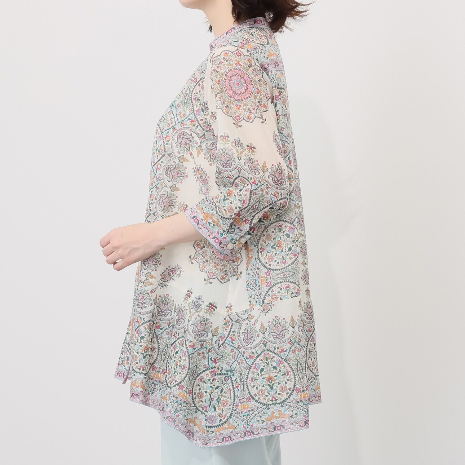 シルクロードクラブ カシミール柄 イレギュラーヘム スタンドカラー 七分袖チュニック