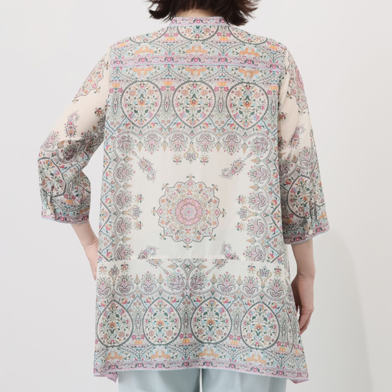 シルクロードクラブ カシミール柄 イレギュラーヘム スタンドカラー 七分袖チュニック