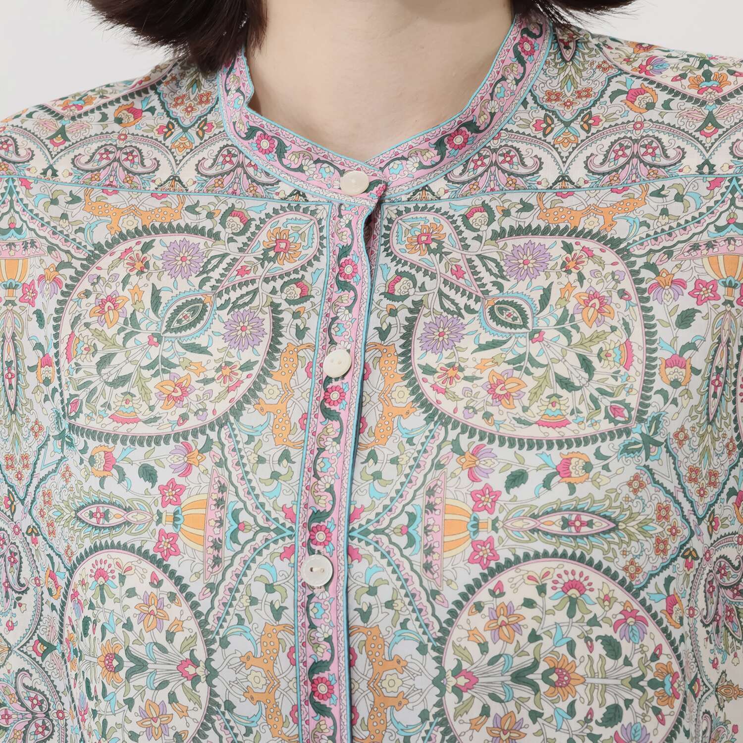 シルクロードクラブ カシミール柄 イレギュラーヘム スタンドカラー 七分袖チュニック