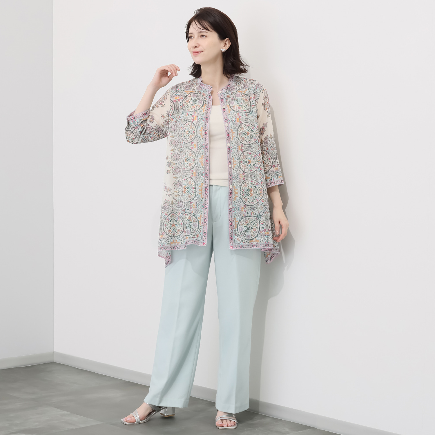 シルクロードクラブ カシミール柄 イレギュラーヘム スタンドカラー 七分袖チュニック