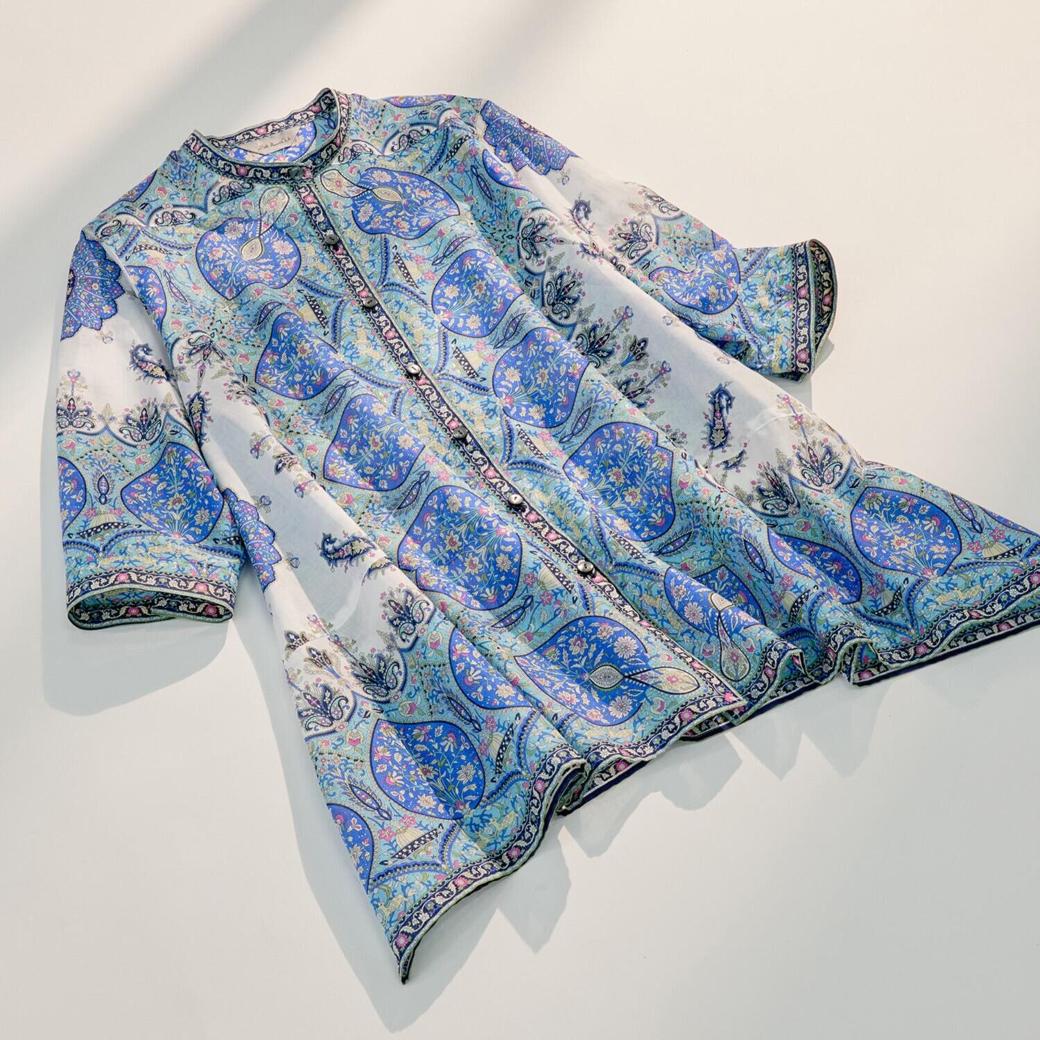 シルクロードクラブ カシミール柄 イレギュラーヘム スタンドカラー 七分袖チュニック