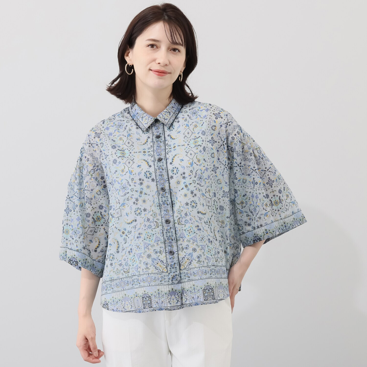 シルクロードクラブ コンスタンティノープル柄 袖山タック シャツブラウス