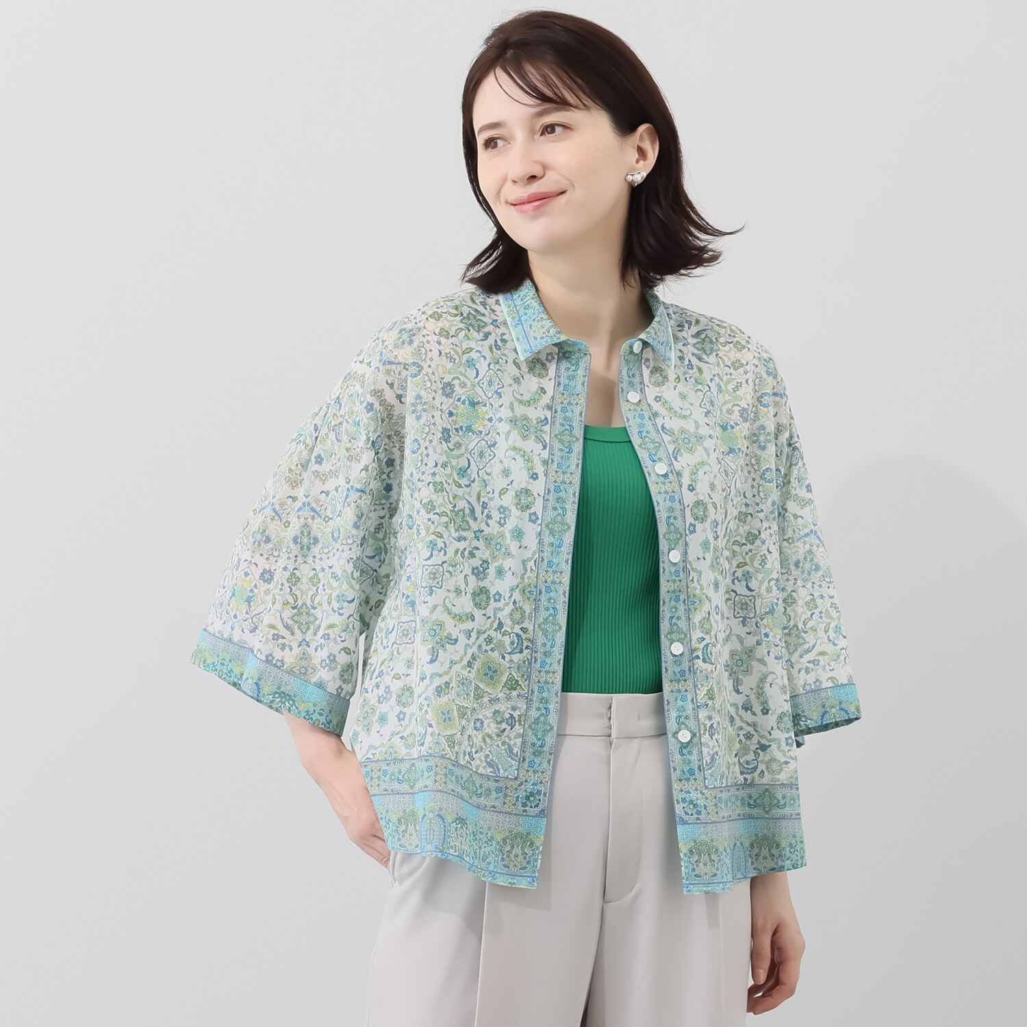 シルクロードクラブ コンスタンティノープル柄 袖山タック シャツブラウス