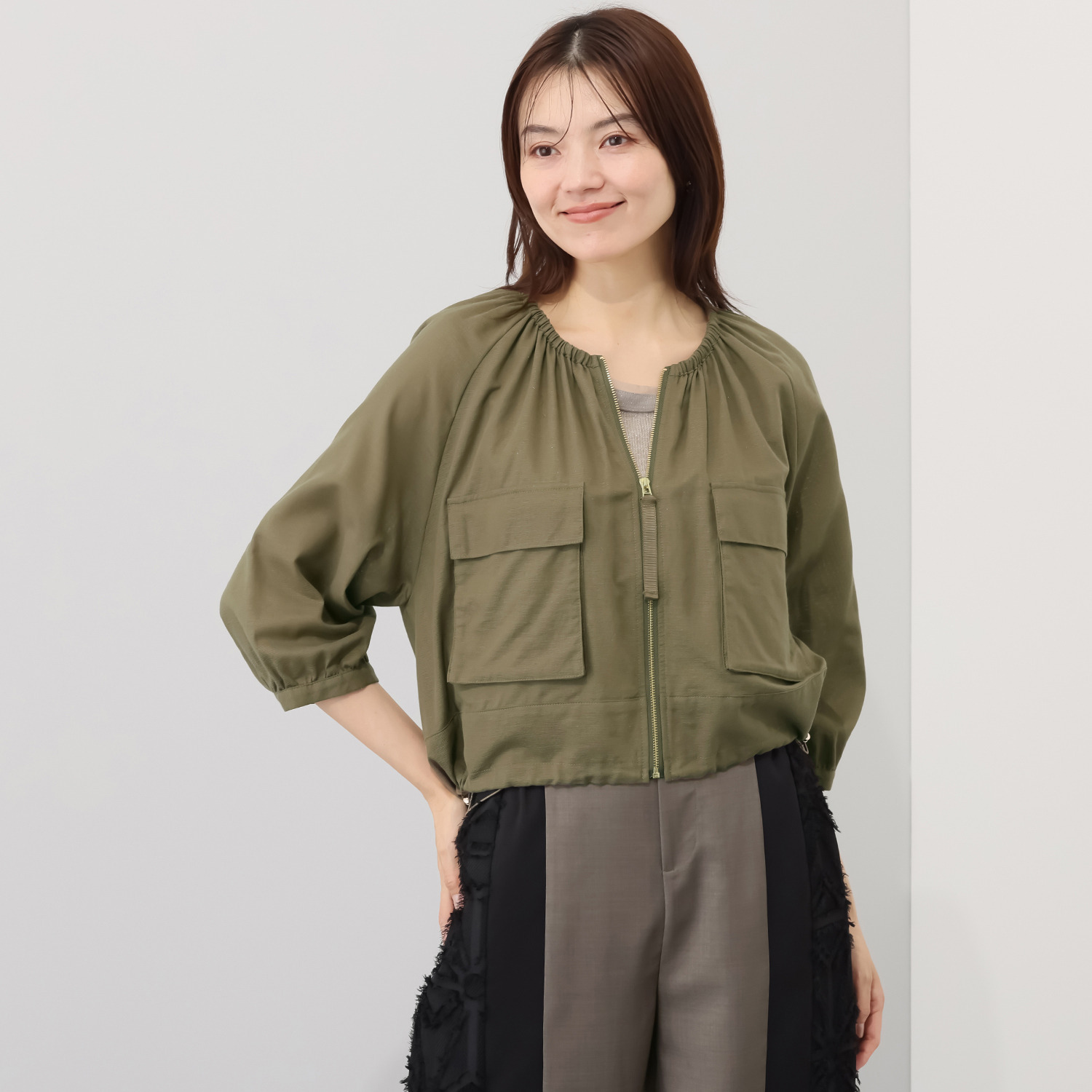 スタイル・ラヴィー 麻混カラミ ギャザーアクセント カーディガンのような ブルゾン