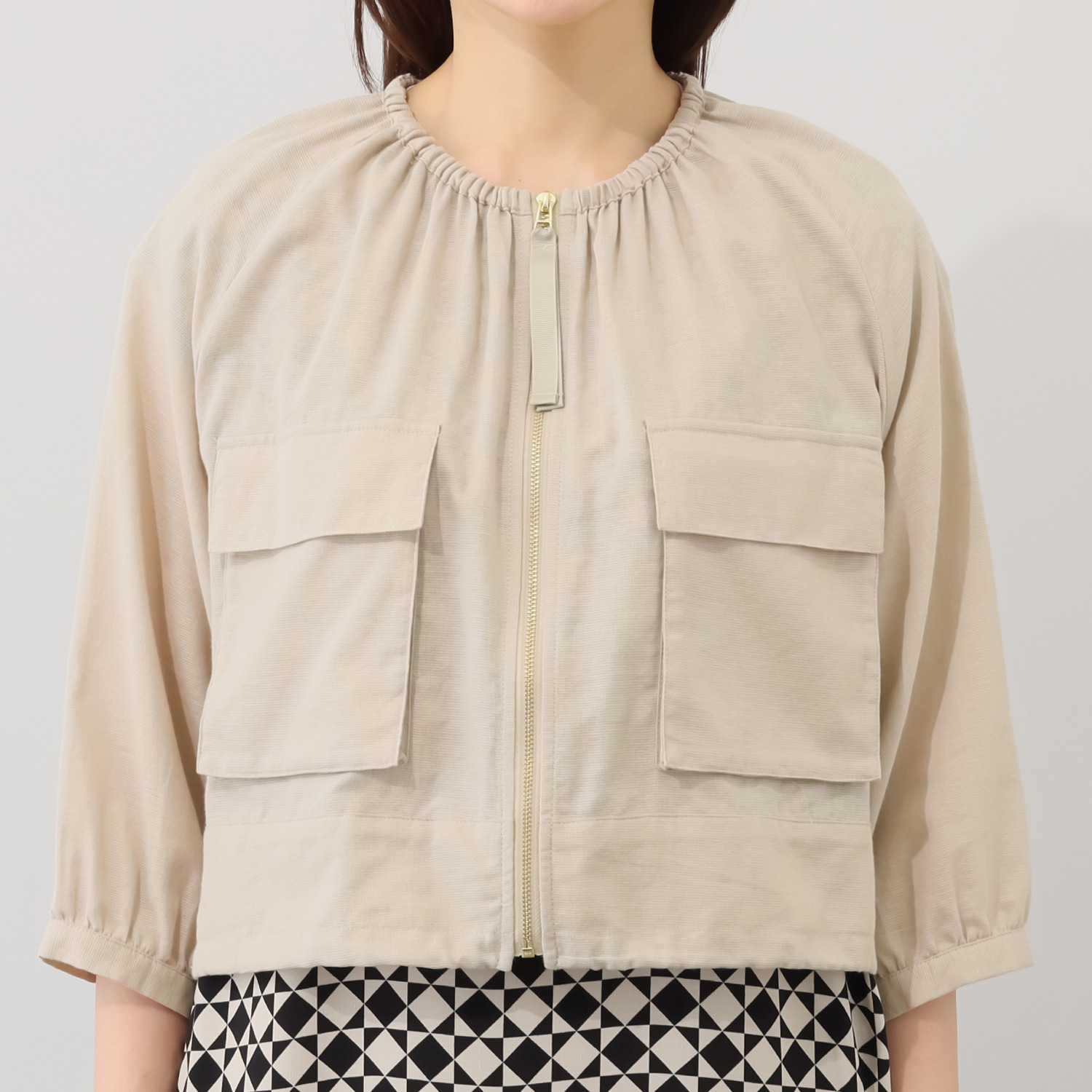 スタイル・ラヴィー 麻混カラミ ギャザーアクセント カーディガンのような ブルゾン