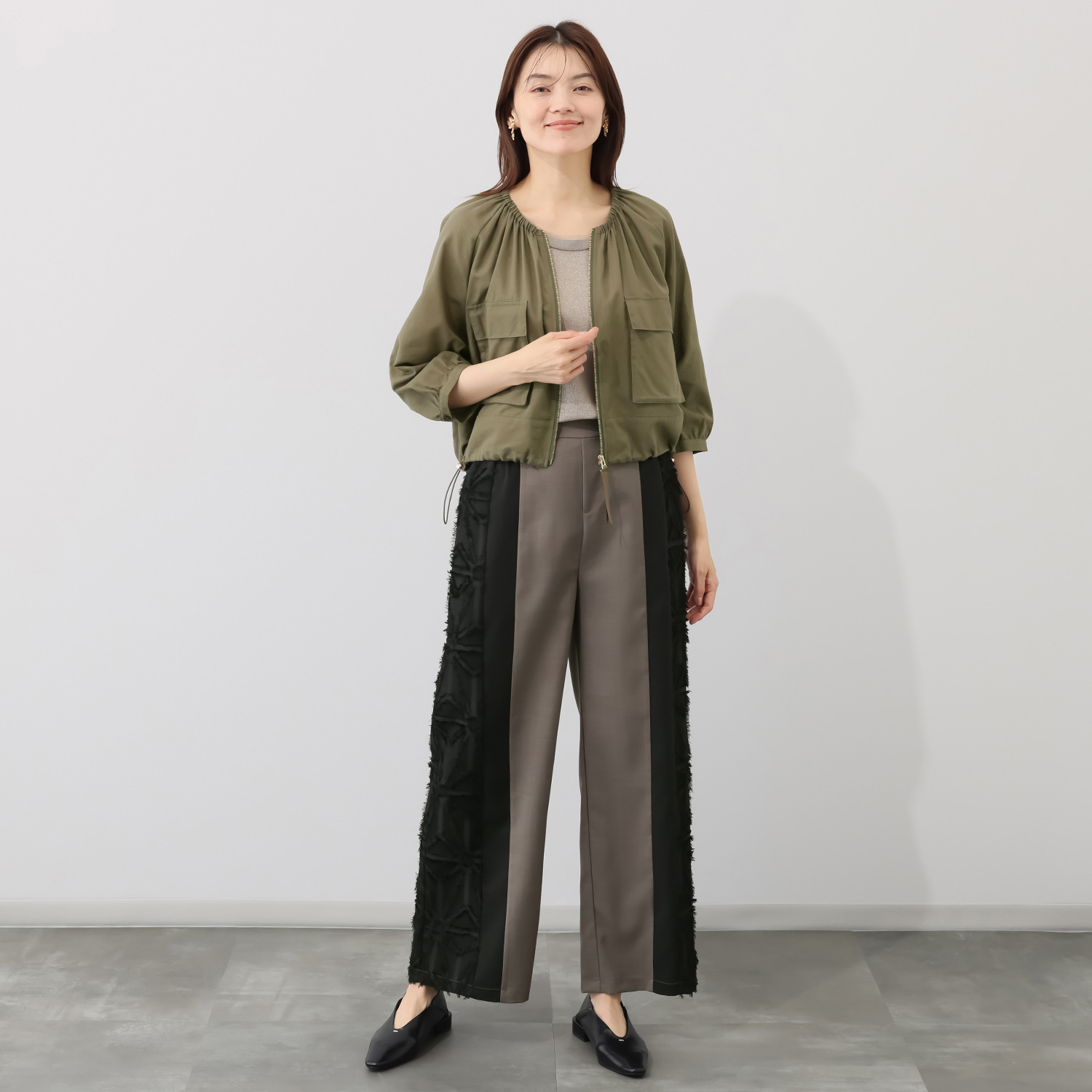 スタイル・ラヴィー 麻混カラミ ギャザーアクセント カーディガンのような ブルゾン