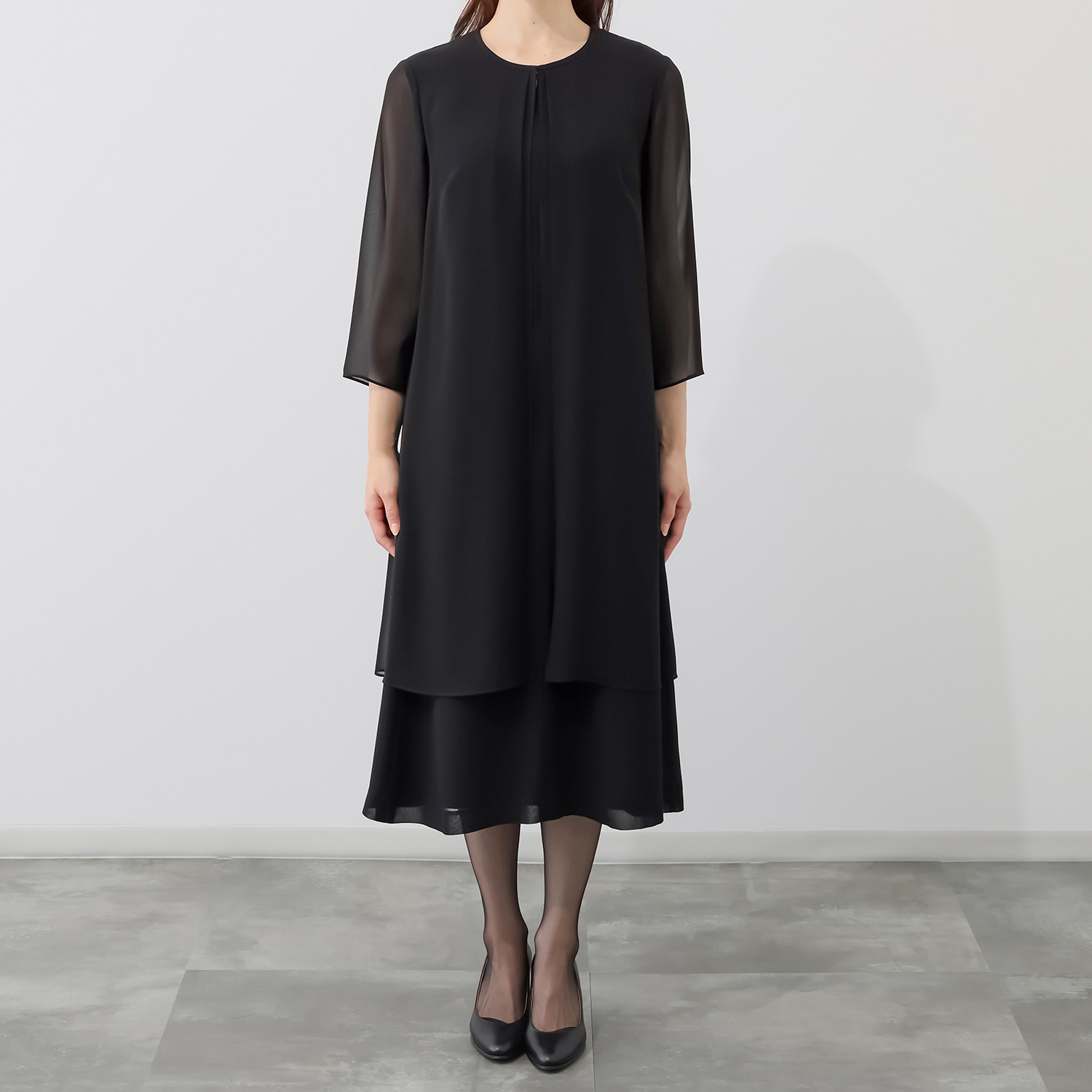 ニュイ ブラックフォーマル 洗濯機で洗える！ 前開きシフォンワンピース ＜ロング丈＞
