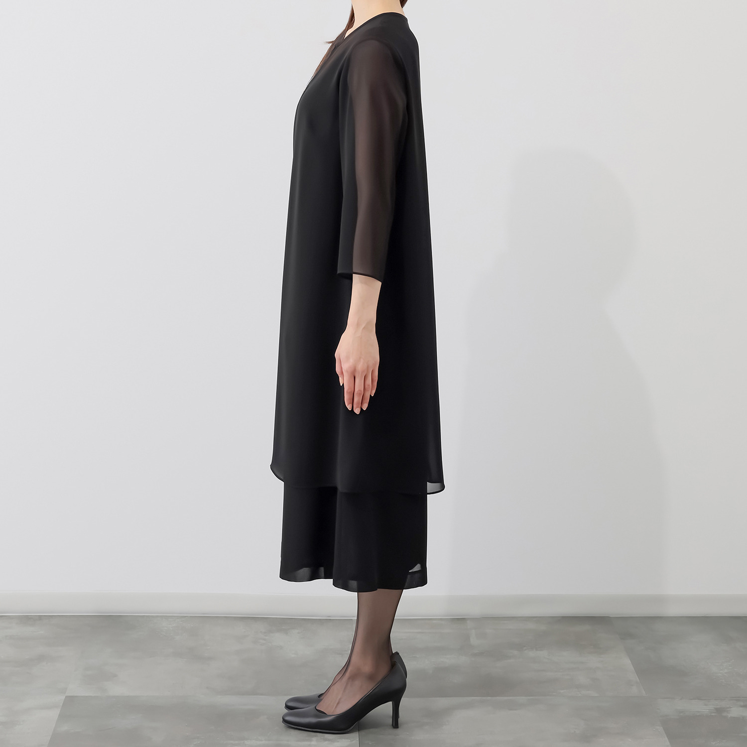 ニュイ ブラックフォーマル 洗濯機で洗える！ 前開きシフォンワンピース ＜ロング丈＞