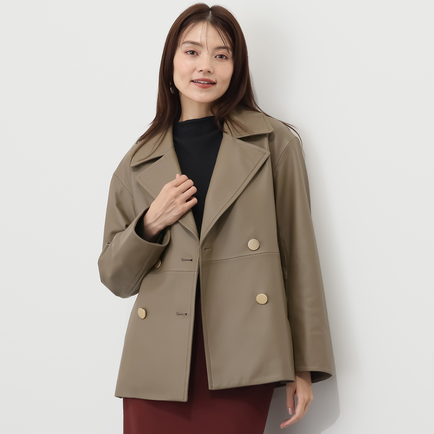 元町ゼラール ソフトラムレザー ダブルフロントデザイン ミドルレングスジャケット