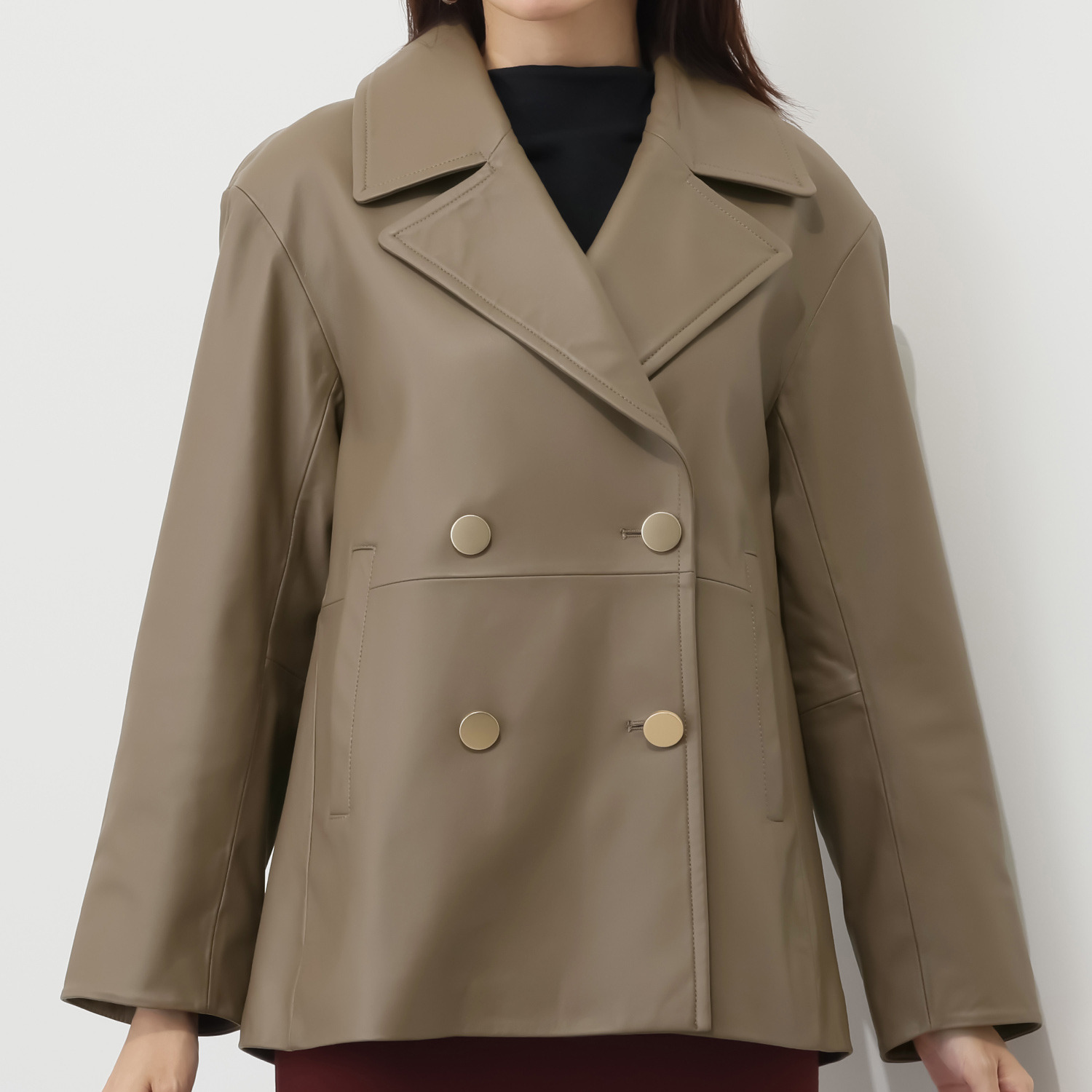 元町ゼラール ソフトラムレザー ダブルフロントデザイン ミドルレングスジャケット