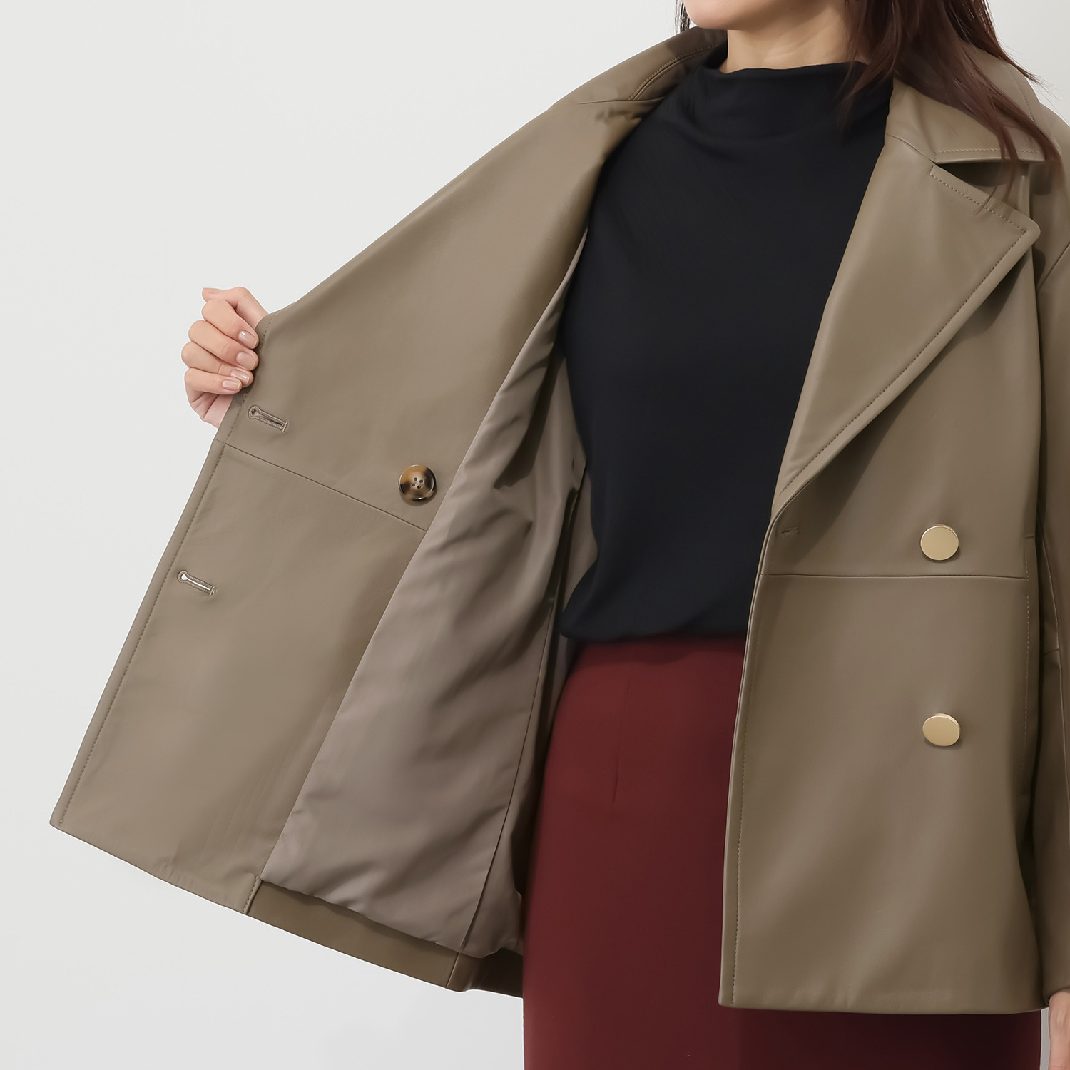 元町ゼラール ソフトラムレザー ダブルフロントデザイン ミドルレングスジャケット