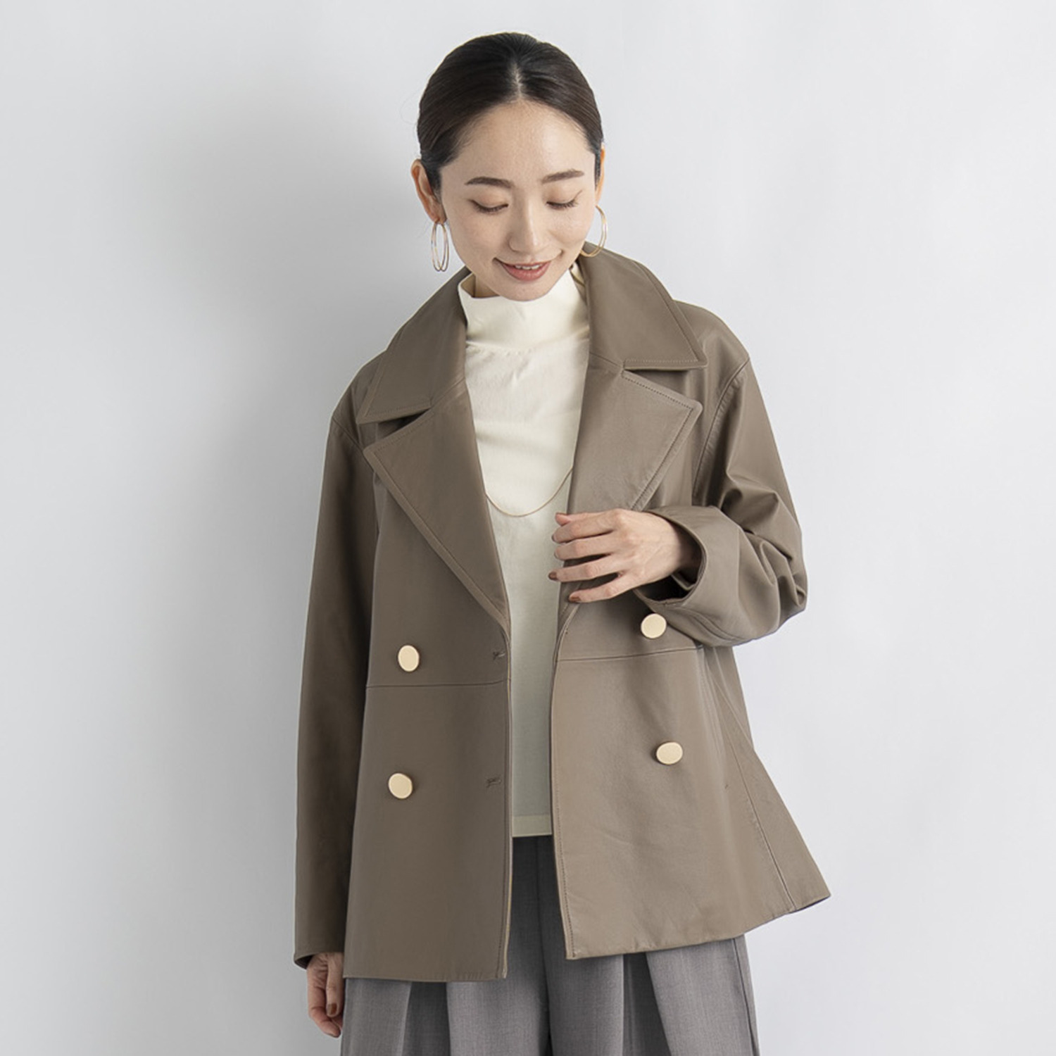 元町ゼラール ソフトラムレザー ダブルフロントデザイン ミドルレングスジャケット