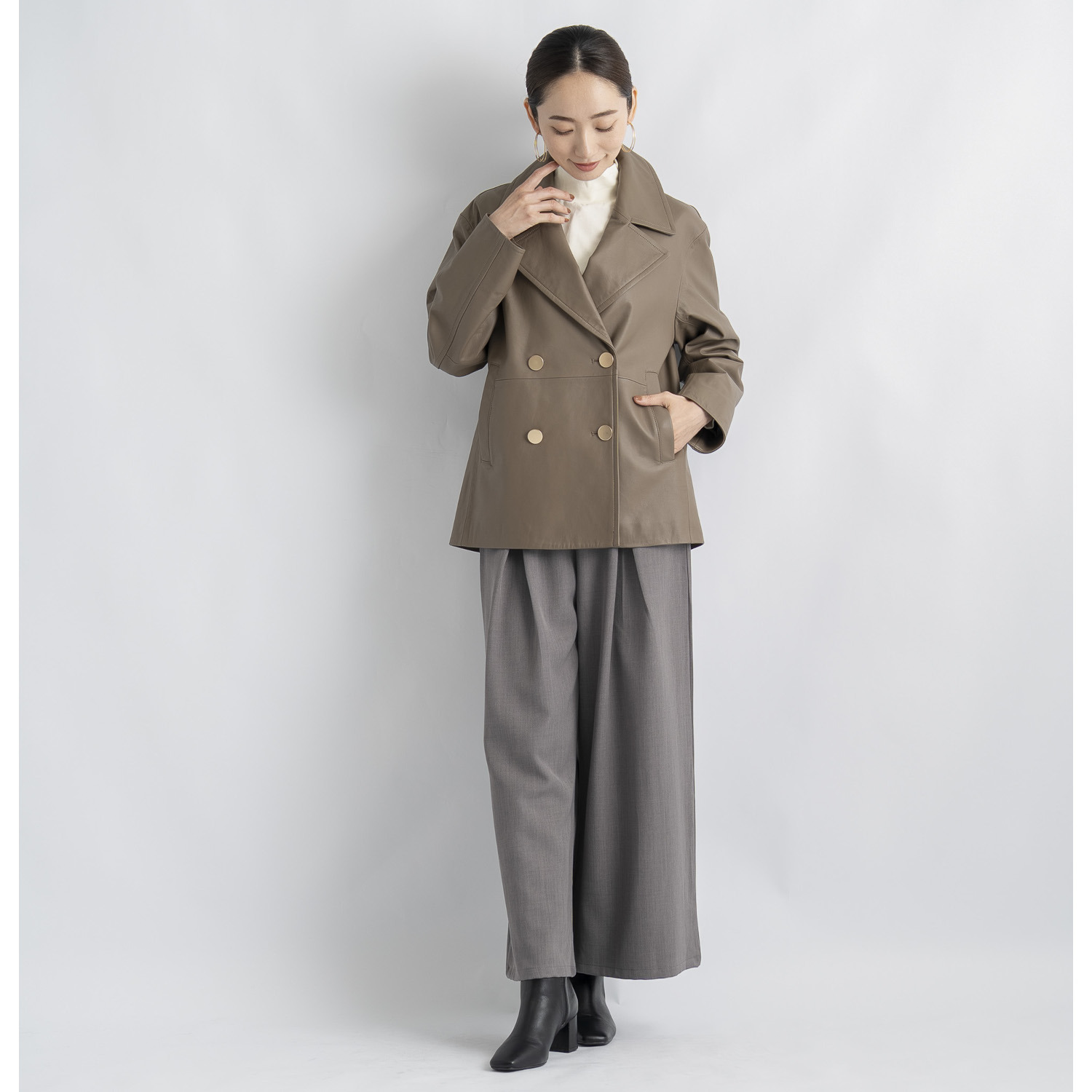 元町ゼラール ソフトラムレザー ダブルフロントデザイン ミドルレングスジャケット