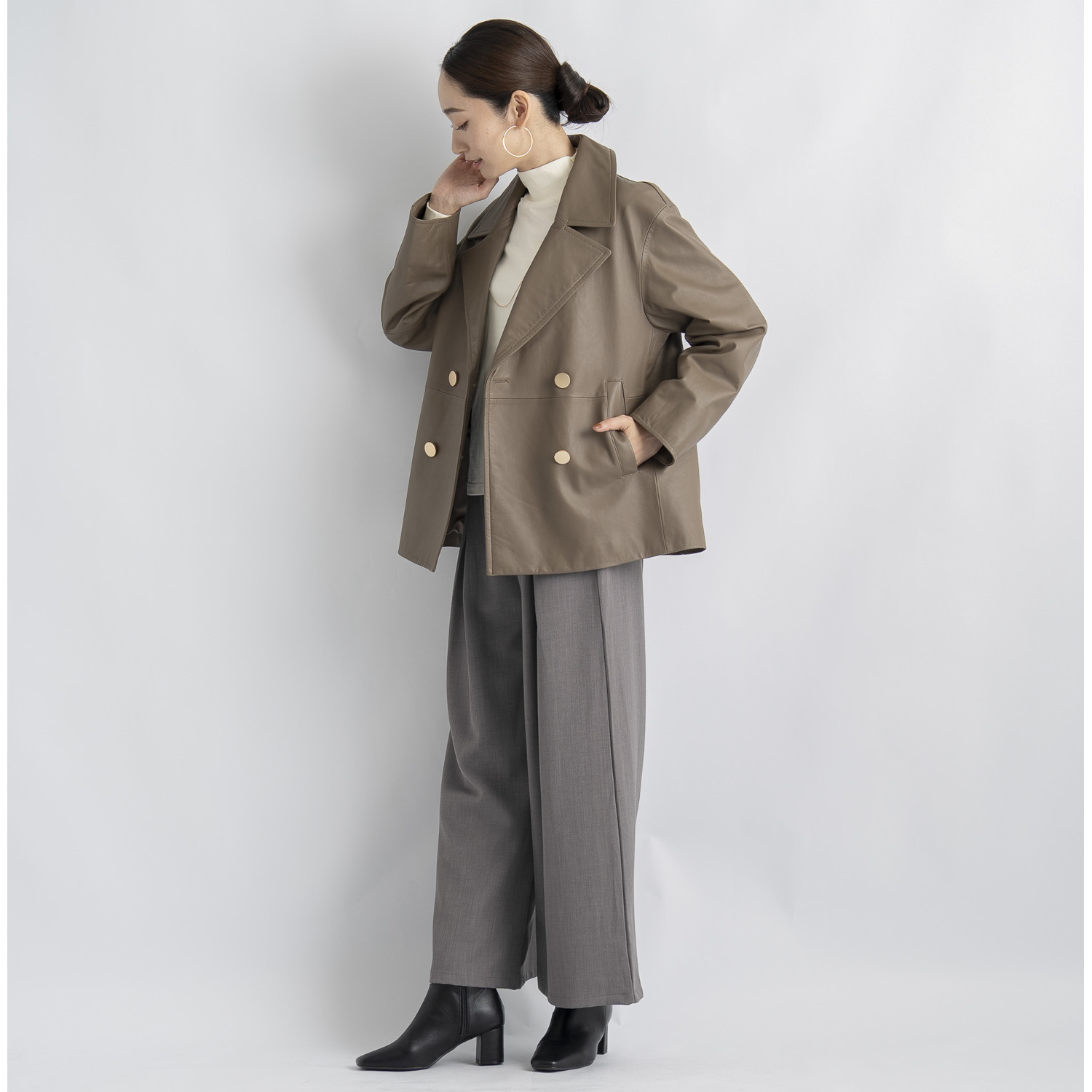 元町ゼラール ソフトラムレザー ダブルフロントデザイン ミドルレングスジャケット