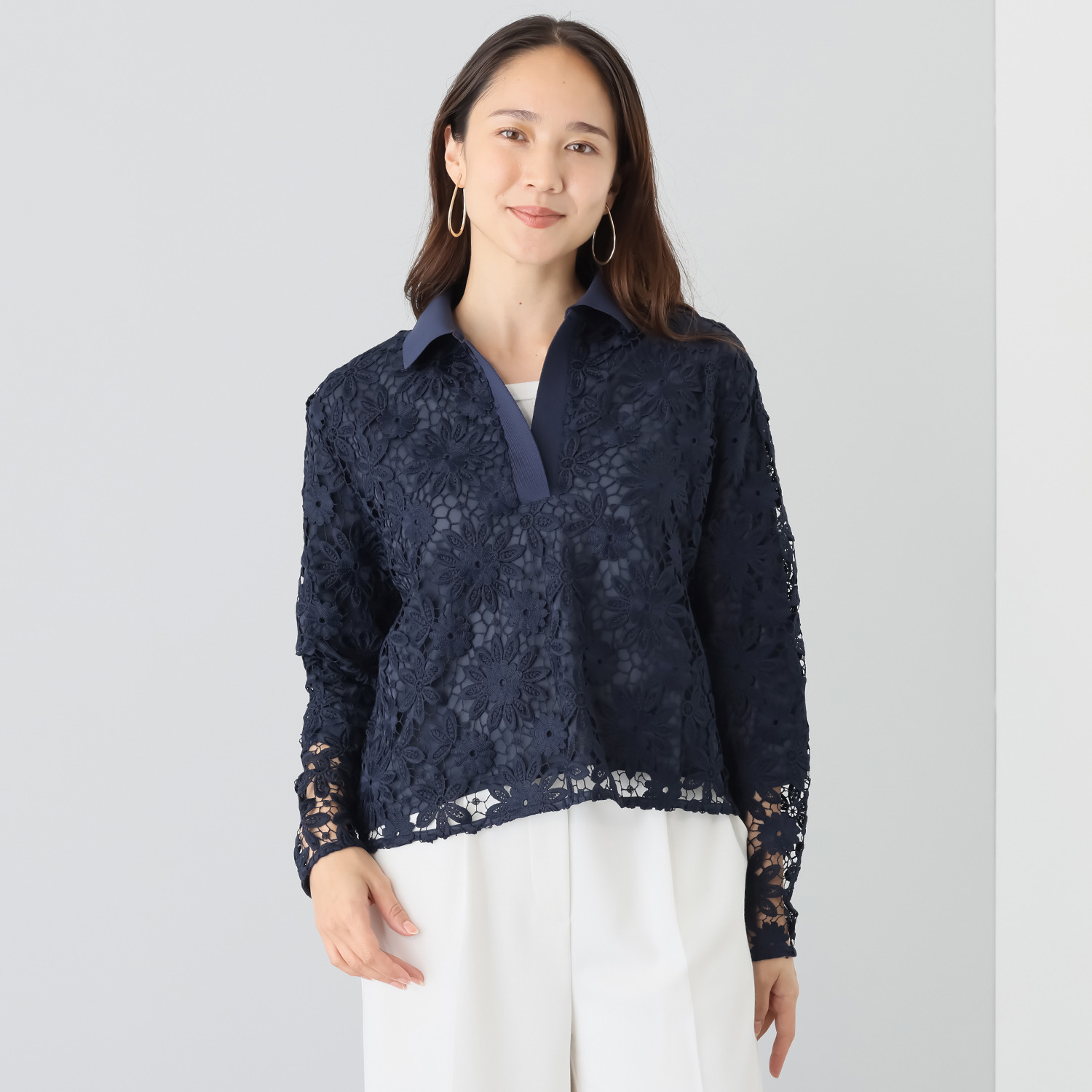 元町ゼラール 華やかリッチ 総レース 襟ニットプルオーバー