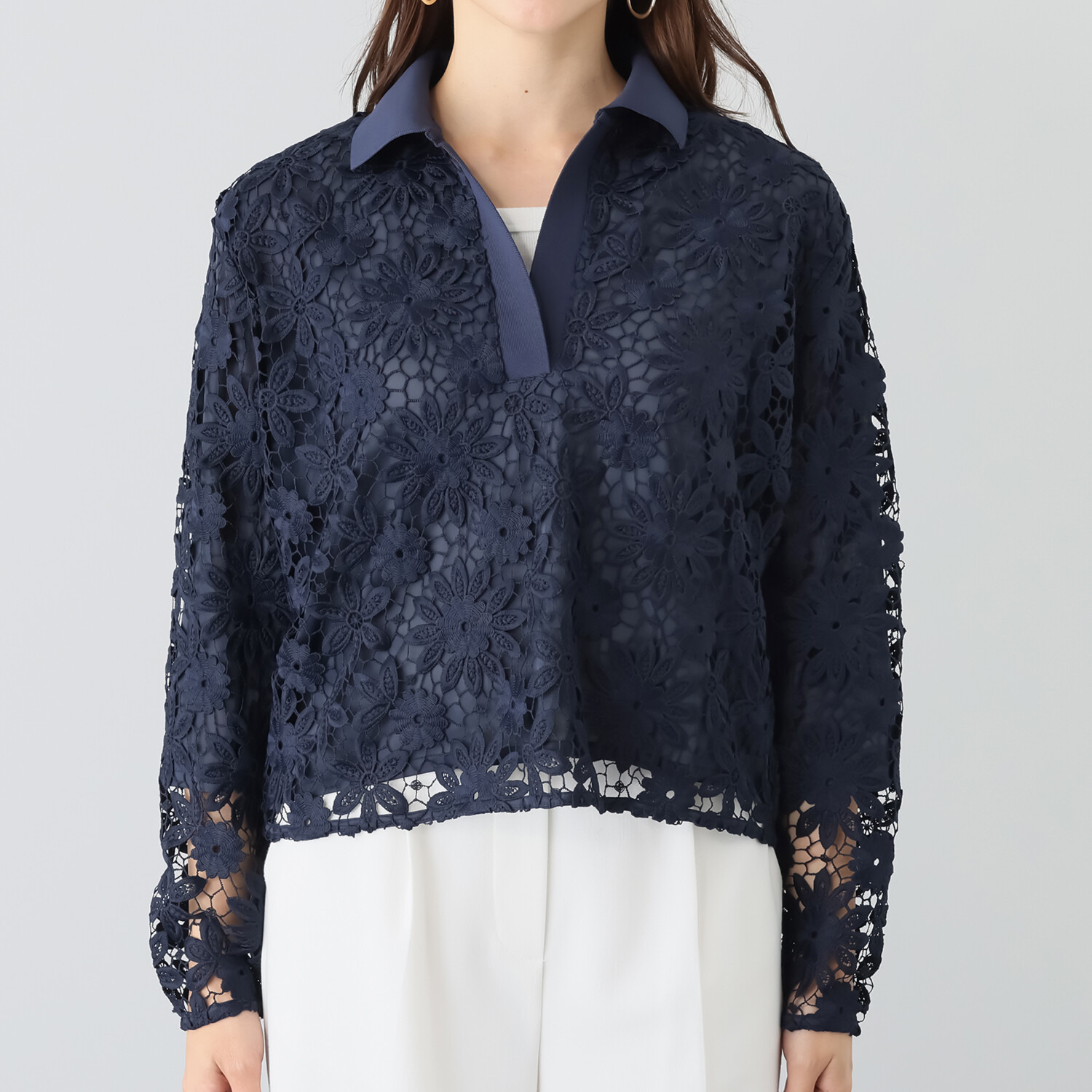 元町ゼラール 華やかリッチ 総レース 襟ニットプルオーバー