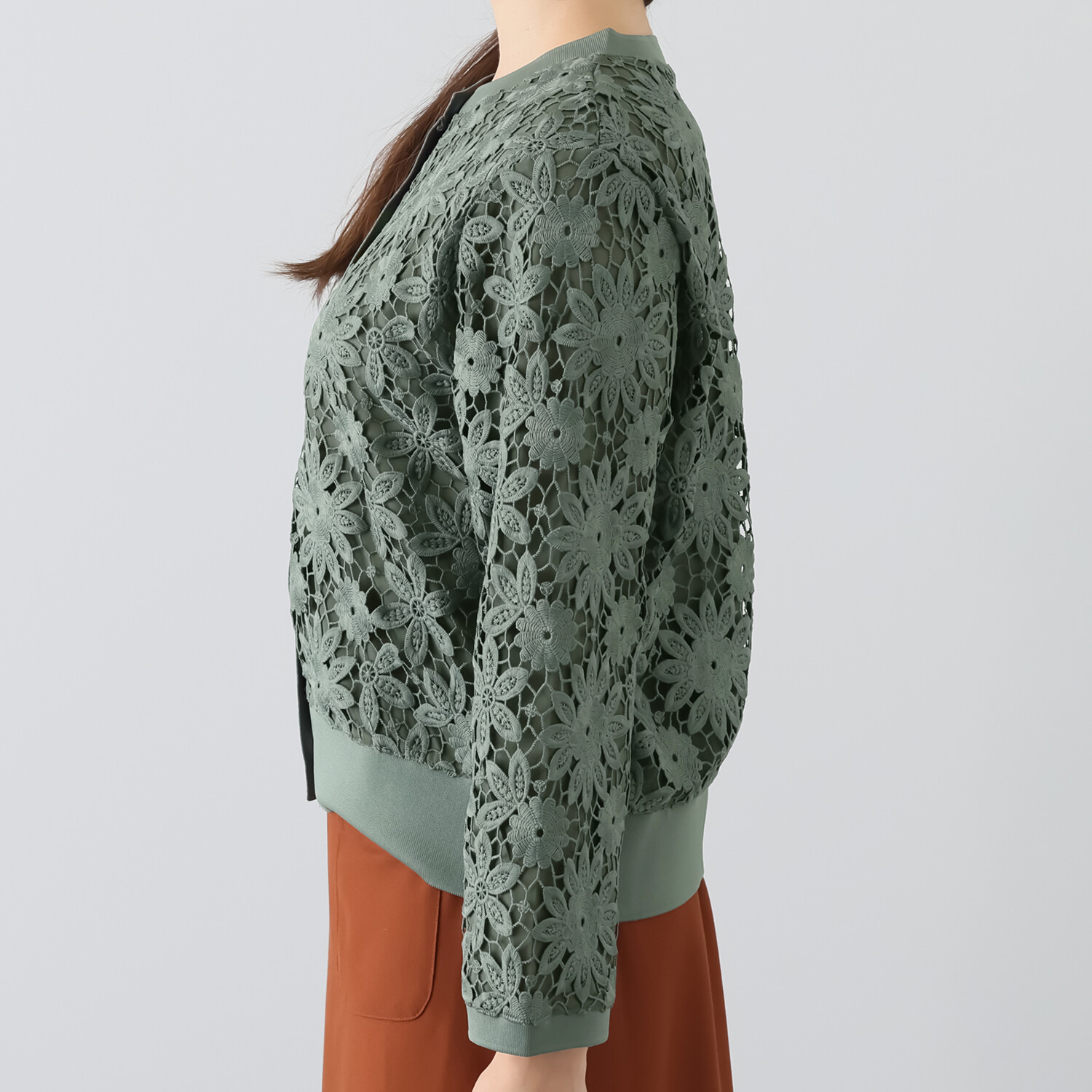 元町ゼラール 華やかリッチ 総レース ニットラウンドネック カーディガン