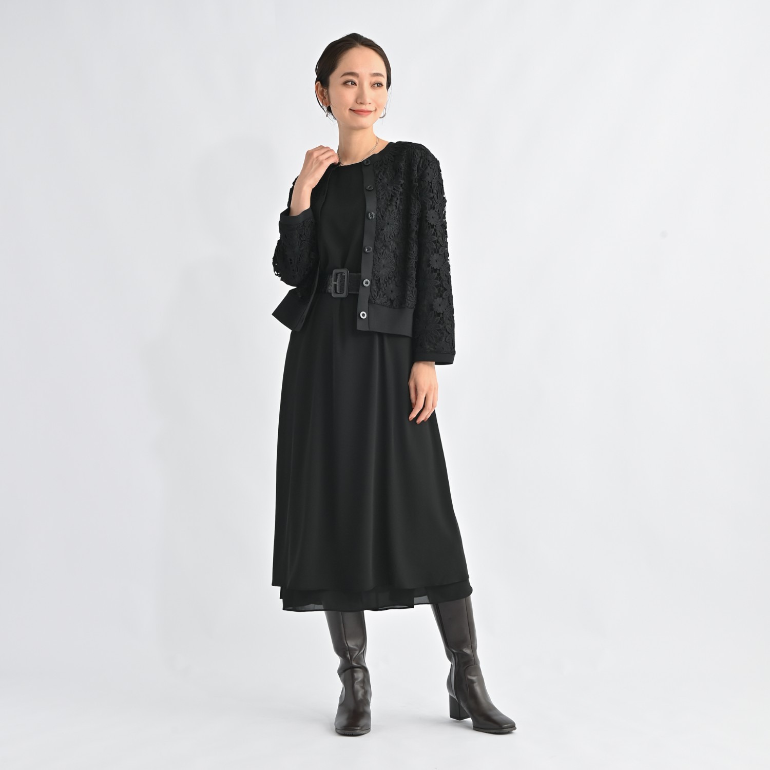 元町ゼラール 華やかリッチ 総レース ニットラウンドネック カーディガン