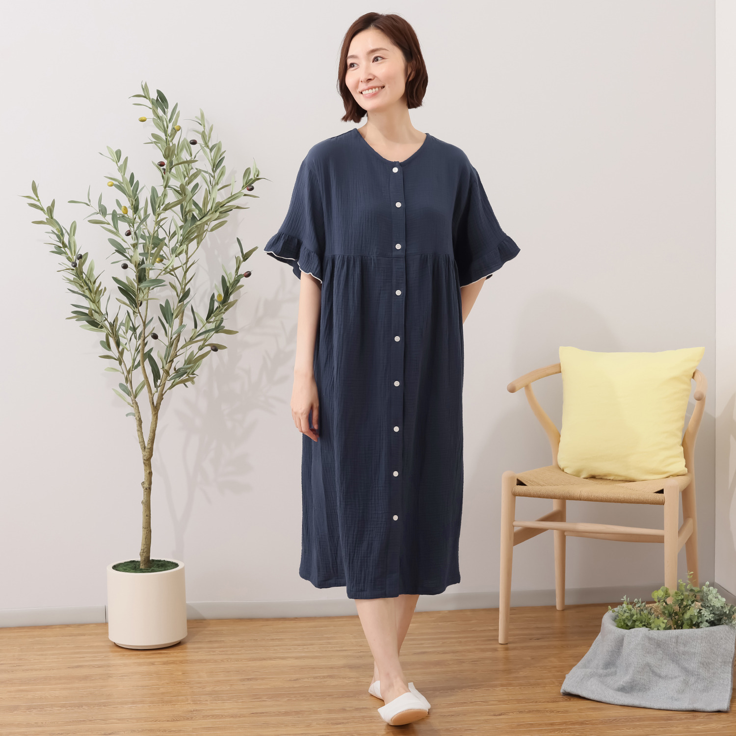 ラデリア 綿１００％ ウェーブ二重ガーゼ ふんわりやわらか ルームワンピース