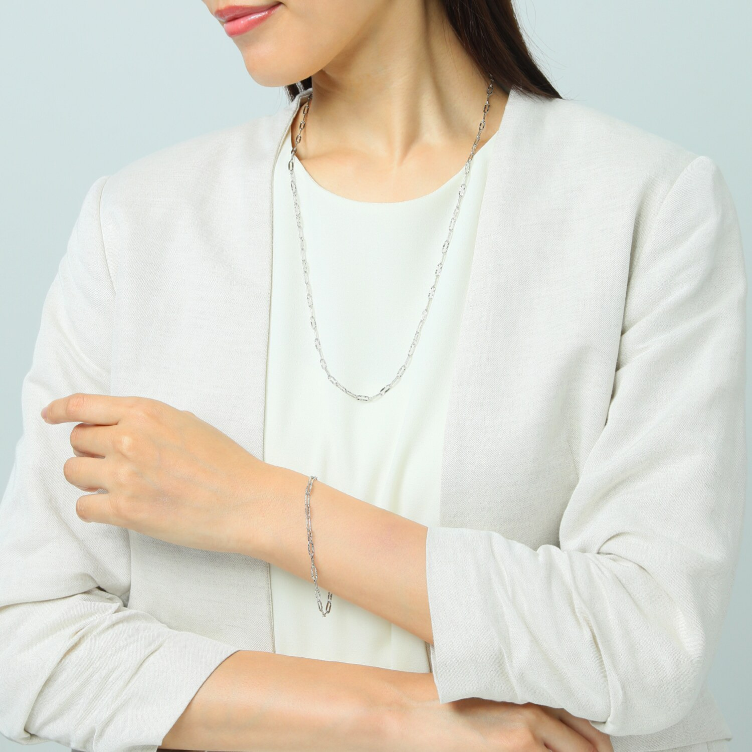 エービーステン ステンレス カットデザインチェーン ロングネックレス＆ ブレスレット